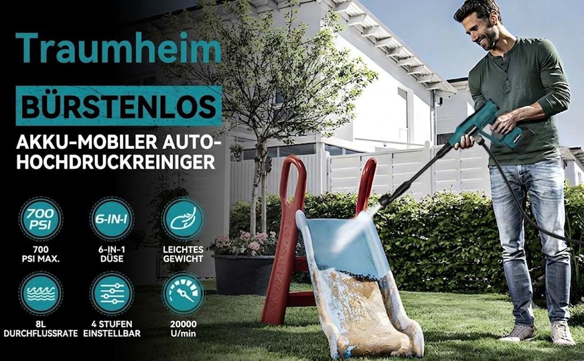 Tragbarer Akku Hochdruckreiniger 440W für Makita 18V Batterien mit Verlängerungsstange, 6-in-1 Multifunktionsdüse, zur Auto, Gärten, Terrasse