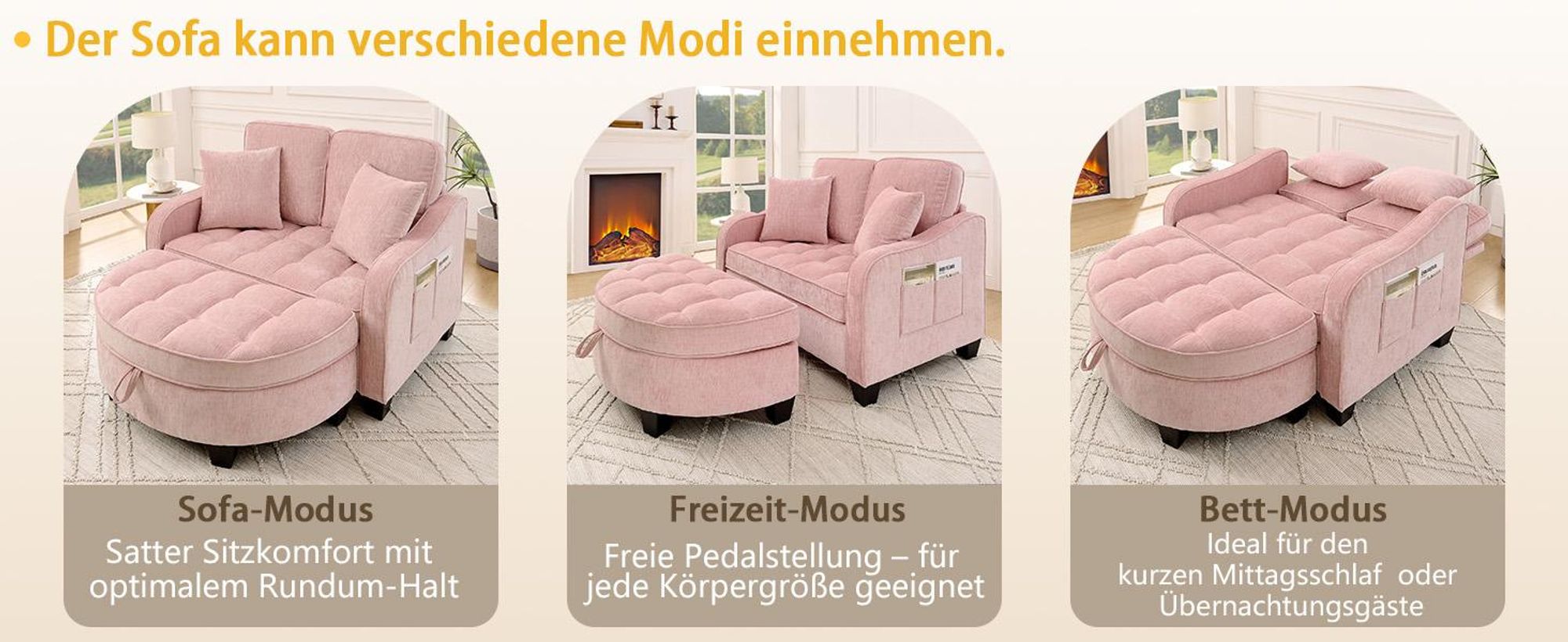 MODFU Multifunktionales Sofa Schlafsofa mit Aufbewahrungs-Hocker,Relaxsofa mit rutschfeste Kunststoffbeine,Rosa