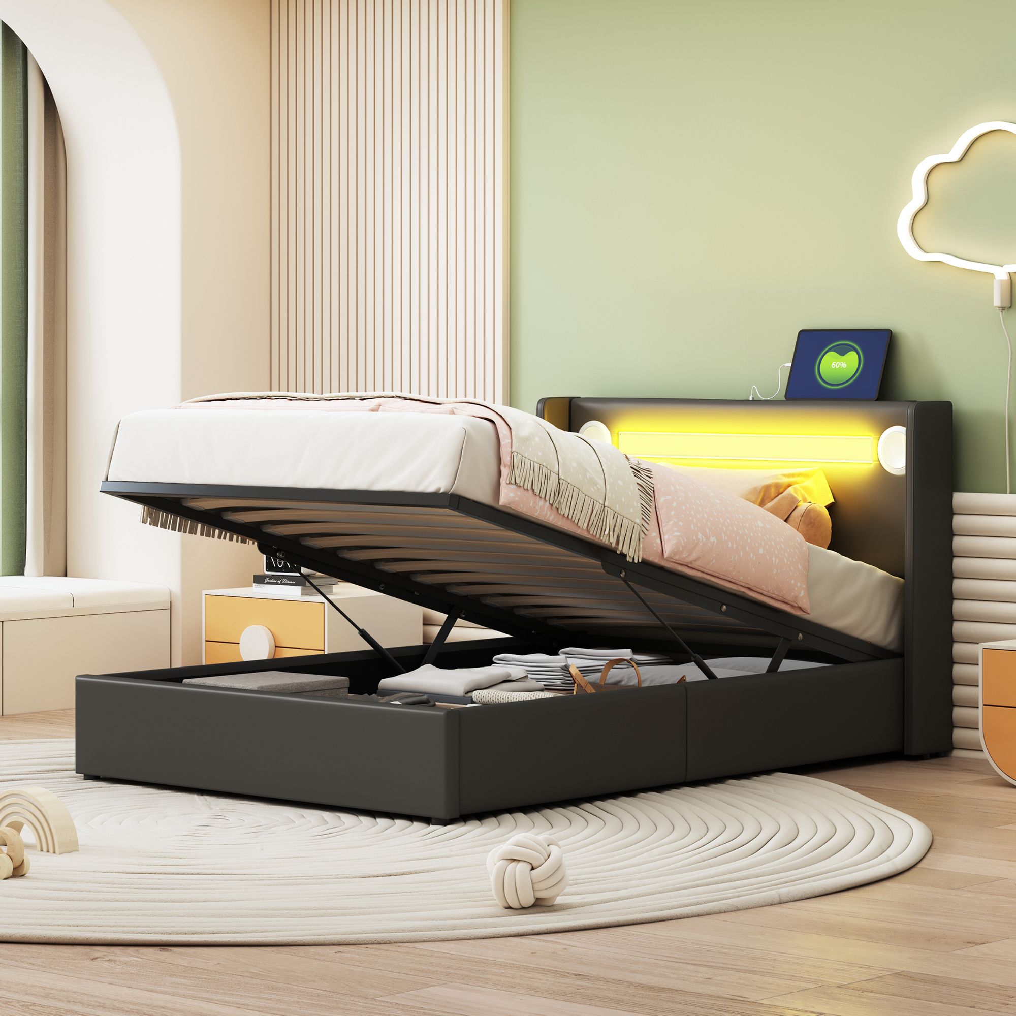 Flieks Polsterbett 90x200cm mit USB und Bluetooth-Player, Boxspringbett Einzelbett mit LED und Lattenrost, Stauraumbett Jugendbett, PU, Schwarz