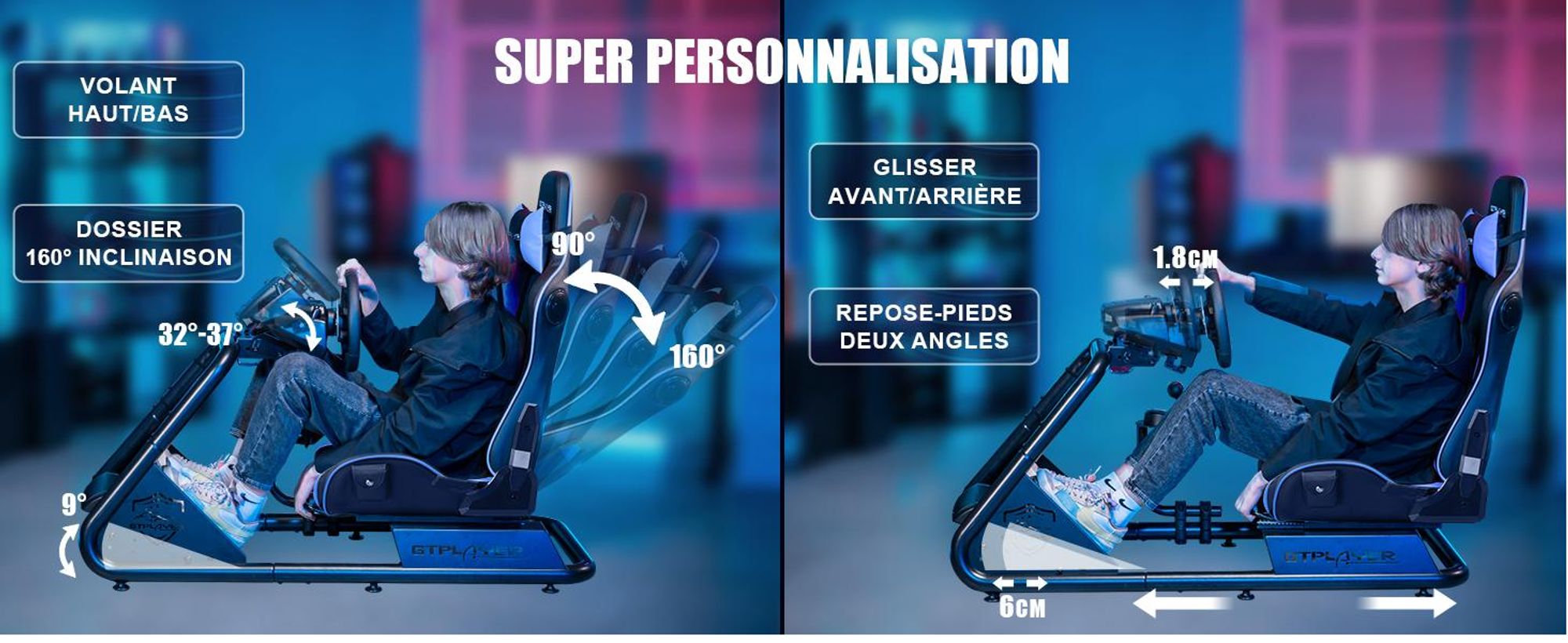 GTPLAYER simulateur de cockpit, SIM racing cockpit, simulateur de course support de volant fauteuil gaming racing wheel stand avec haut-parleur bluetooth et repose pédale