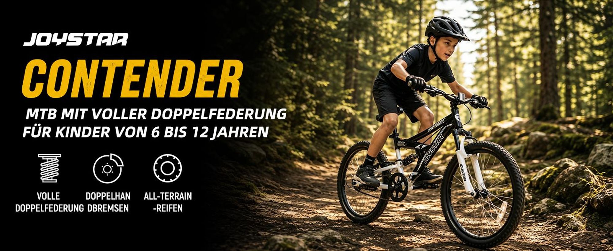 HILAND Contender 20 Zoll Kinder-Mountainbike Vollfederung Jungen Mädchen, Kinderfahrrad mit Schutzbleche und Handbremse, Schwarz