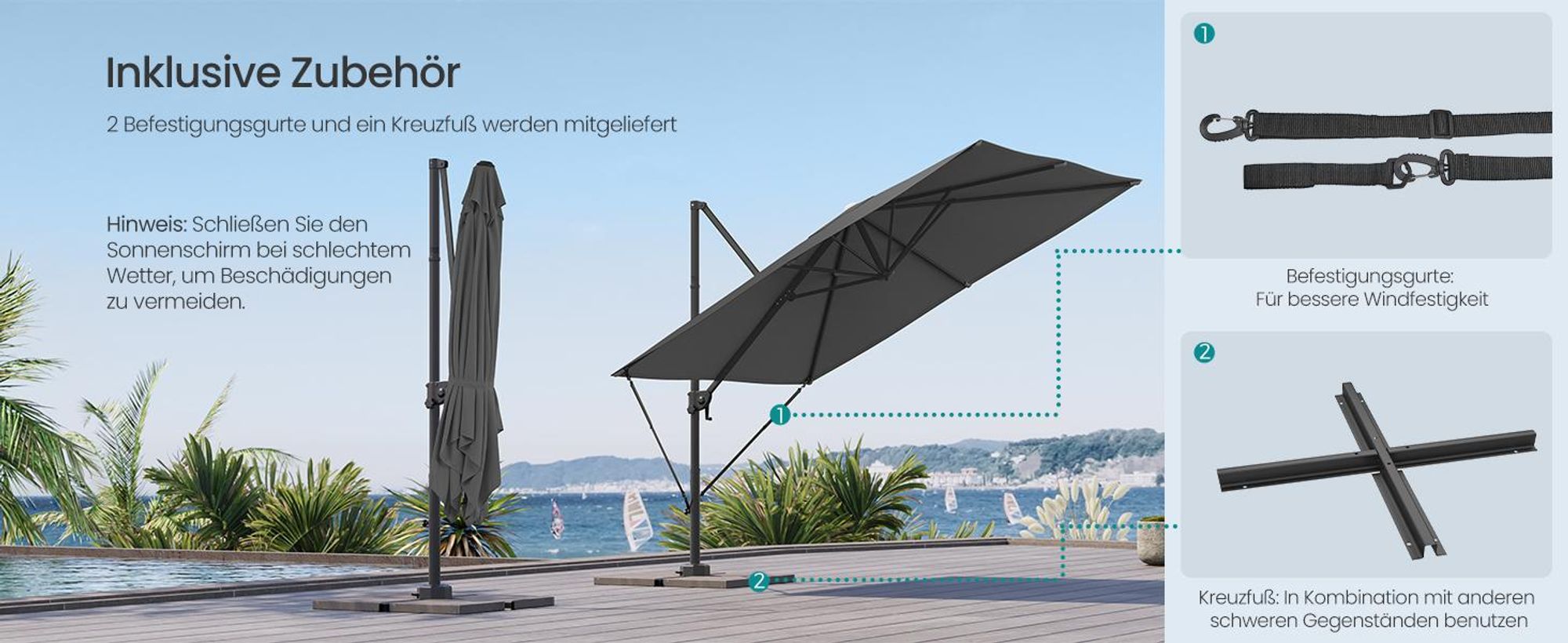 SONGMICS Sonnenschirm 270cm, Ampelschirm, UPF 50+, um 360° drehbar, mit Kurbel, Kreuzfuß