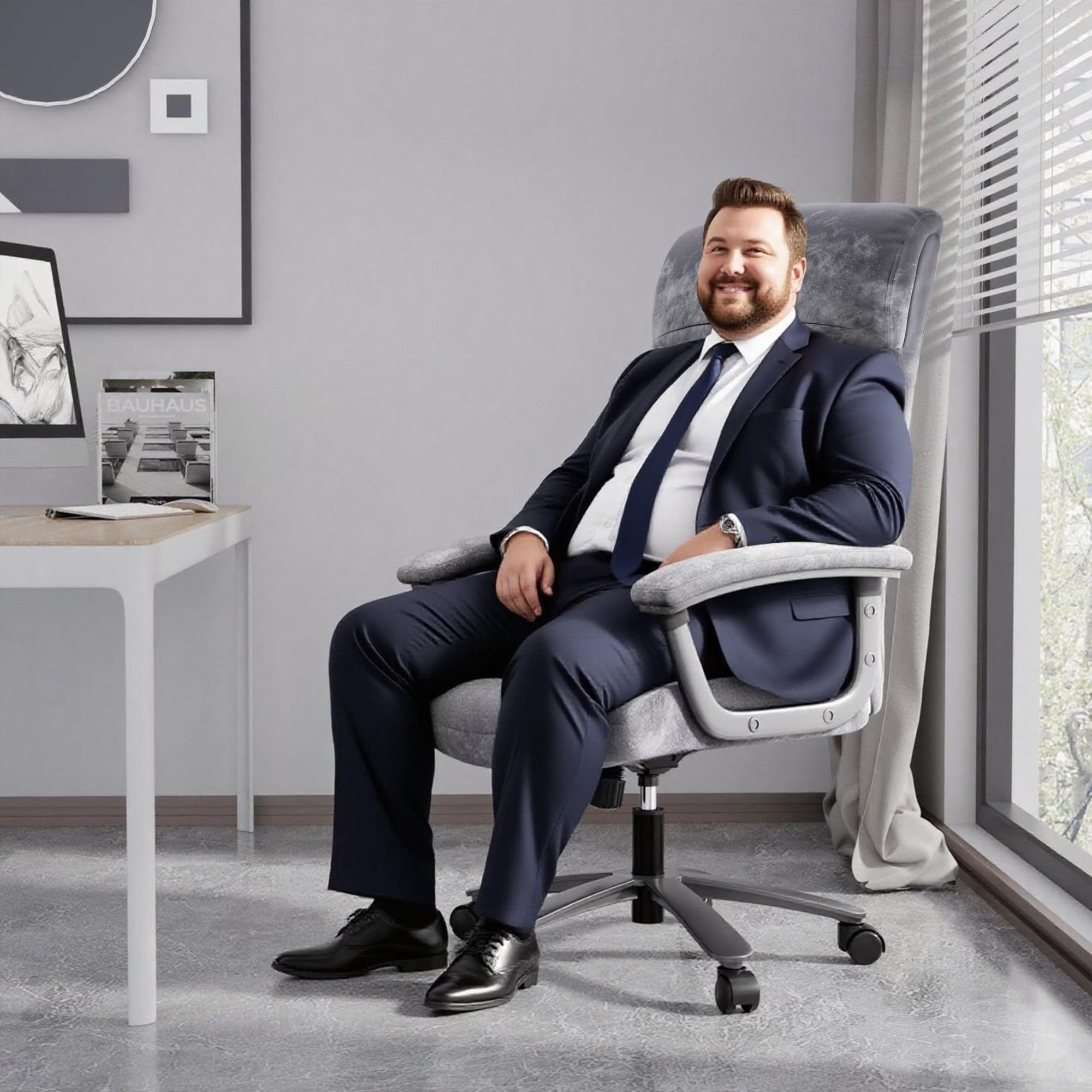 Grauer ergonomischer Chefsessel aus Flanellstoff, für kräftige Personen im modernen Büroraum