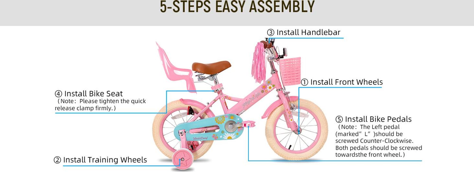 HILAND Joystar 14 Zoll Kinderfahrrad mit Stützrädern, Puppenfahrradsitz, Luftschlangen, Korb, Klingel, DIY-Aufklebern, Schutzblechen, für Mädchen,Rosa