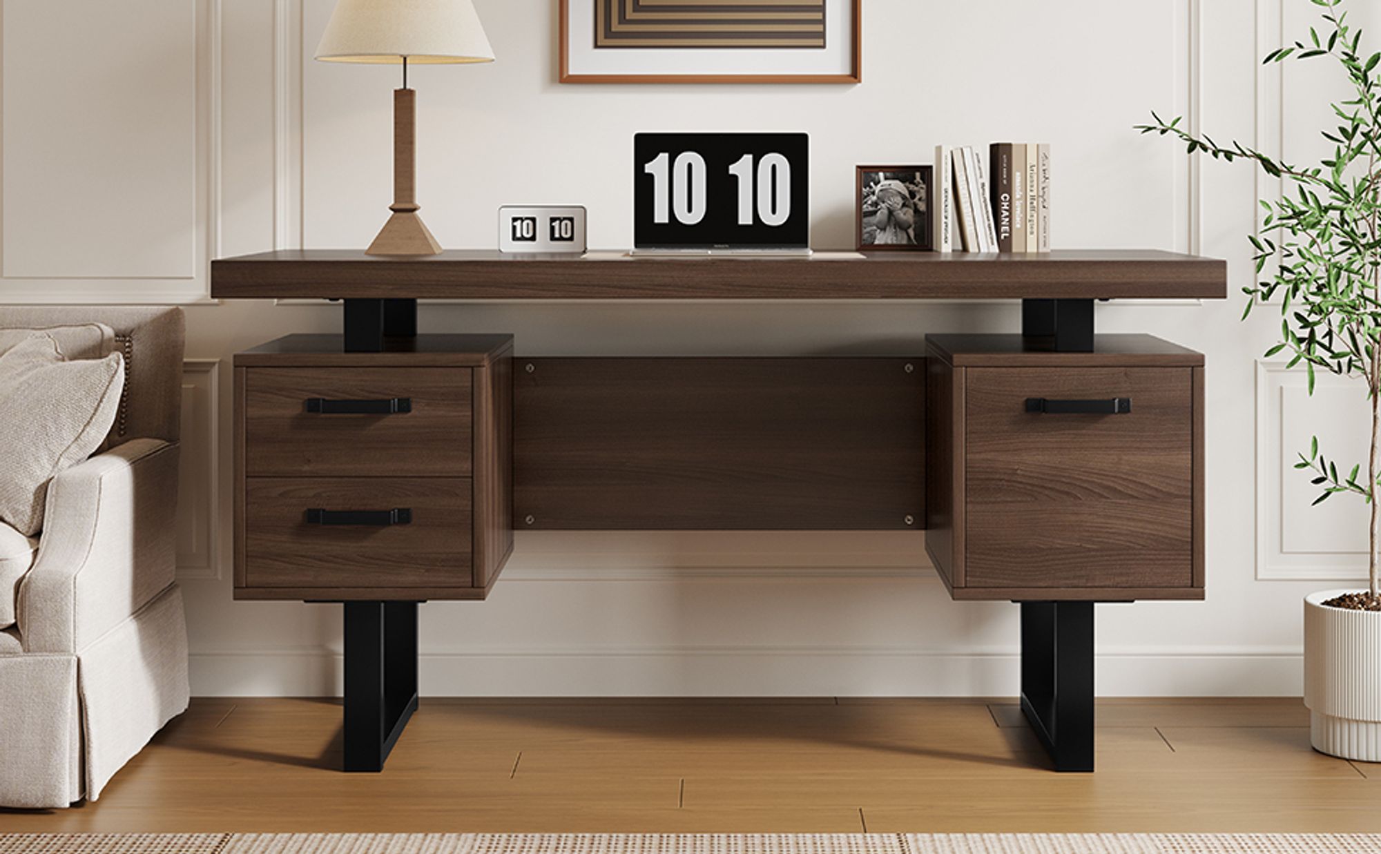 Flieks Schreibtisch mit Schubladen, 135x54x76 cm, Eleganter Bürotisch im klassischen Stil, Große Tischplatte, Pragmatismus, dunkelbraun