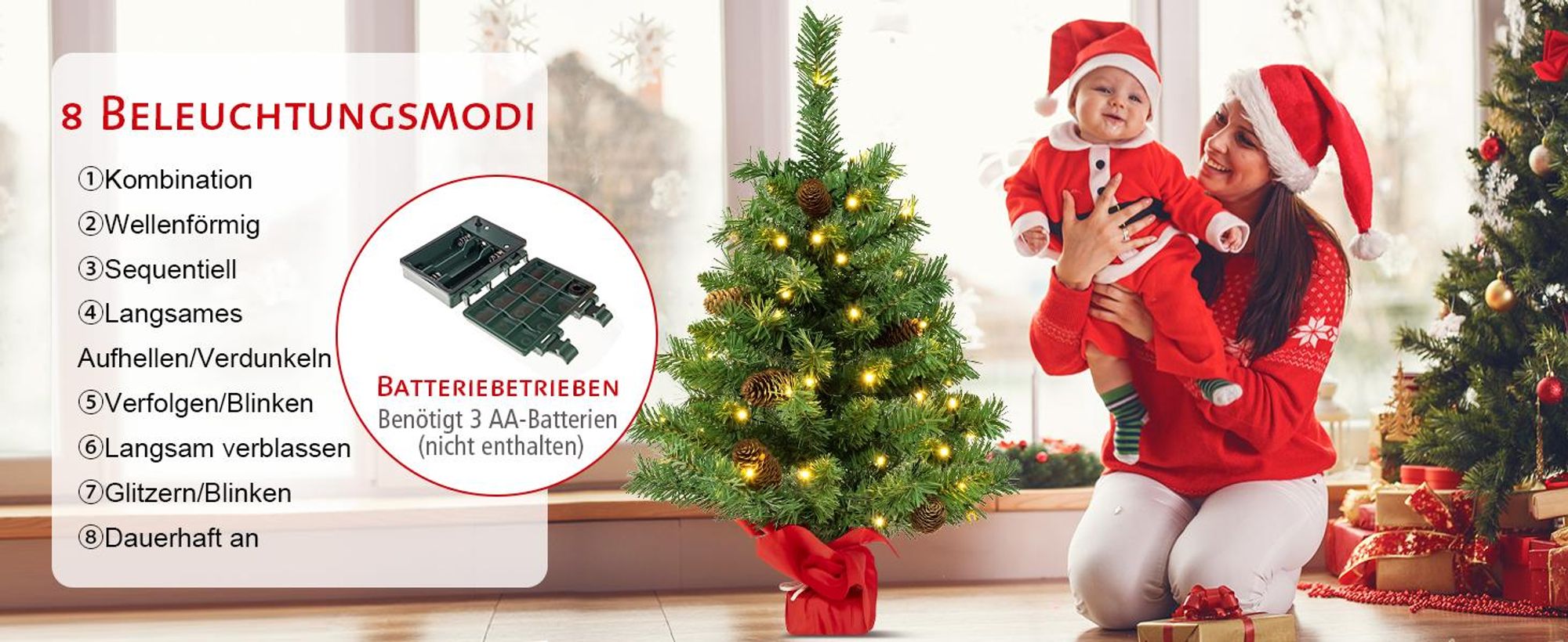 COSTWAY 64 cm Künstlicher Weihnachtsbaum mit Beleuchtung, Kleiner Tannenbaum mit 8 Lichtmodi, 8 Tannenzapfen & Zementbasis, Weihnachtsdeko, Tisch-Christbaum für Zuhause, Büro