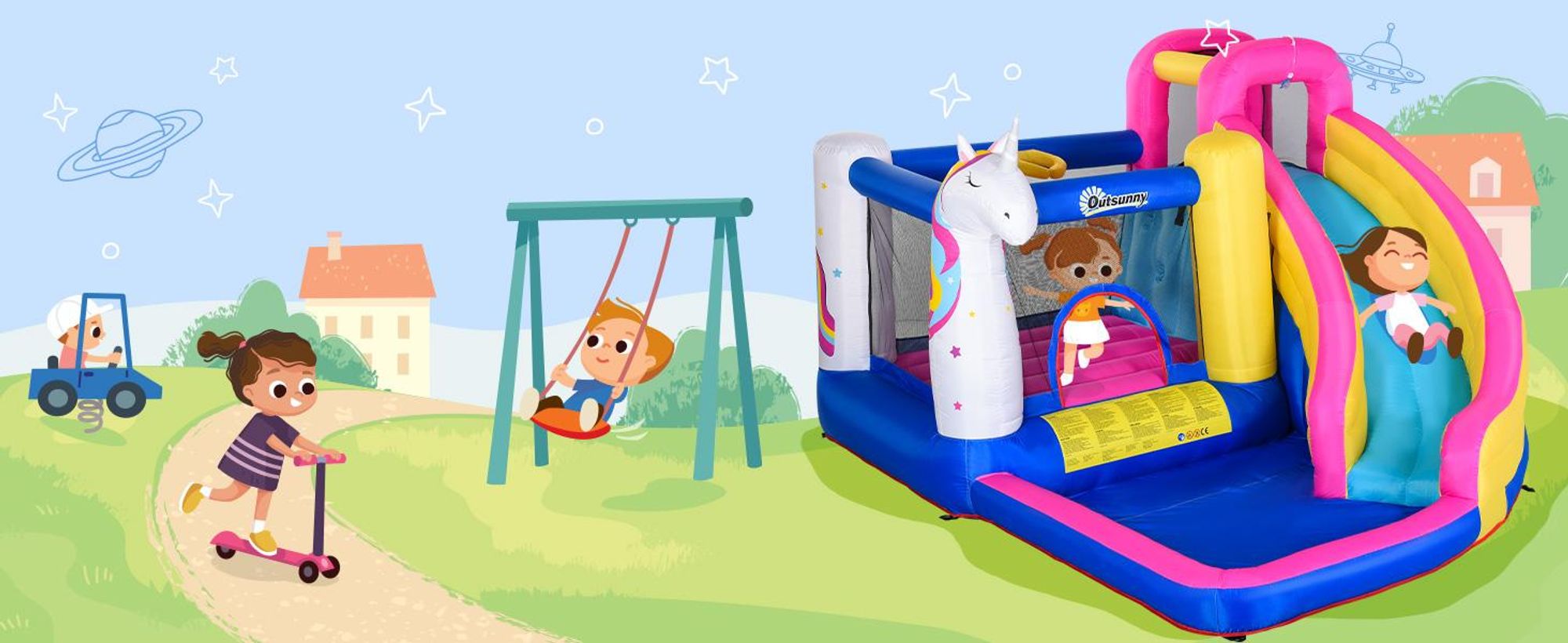 Dmuchany zamek Outsunny z dmuchawą dla dzieci Nadmuchiwany park wodny ze zjeżdżalnią wodną Brodzik Trampolina Kosz do koszykówki Dmuchane zamki do wewnątrz i na zewnątrz Zamek sprężynowy Odpowiedni dla 3 dzieci w wieku od 3 do 8 lat