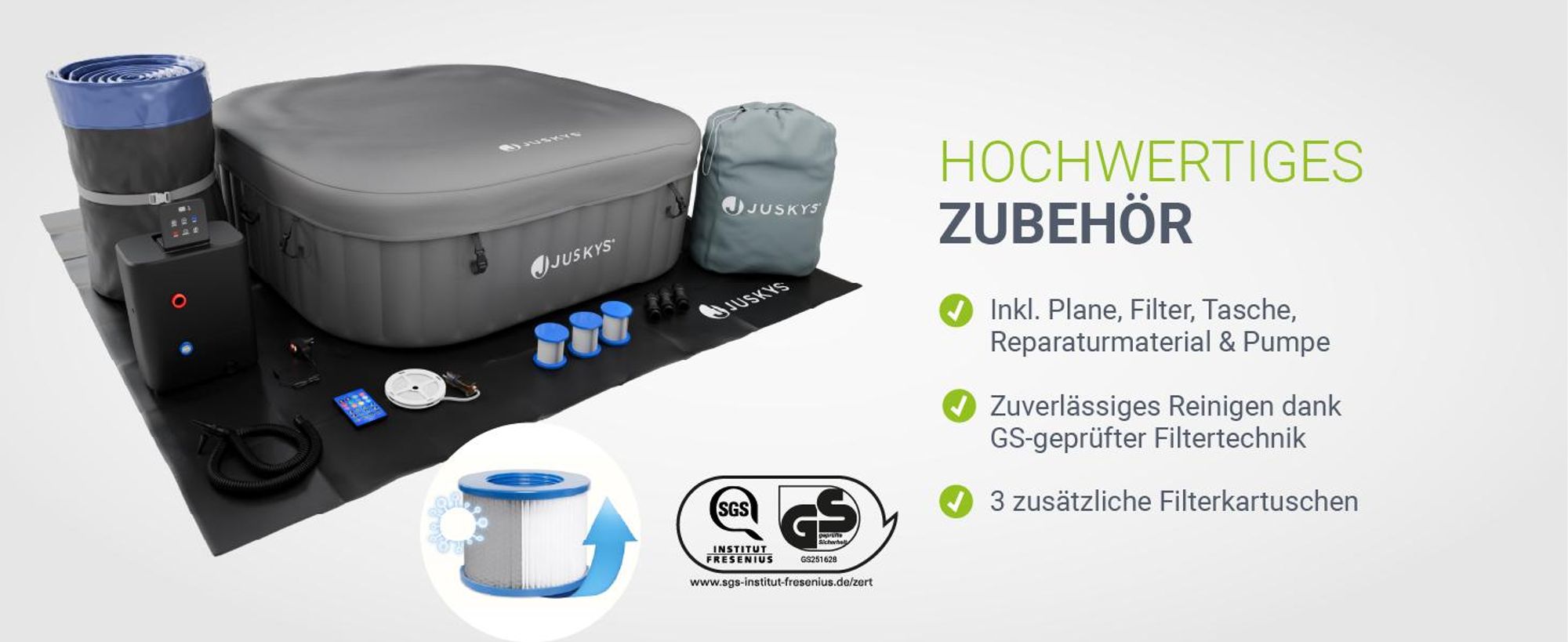 Juskys® Whirlpool SpaLuxe inkl. LED-Beleuchtung Grau/Blau - 3000W, 130 Düsen, aufblasbar