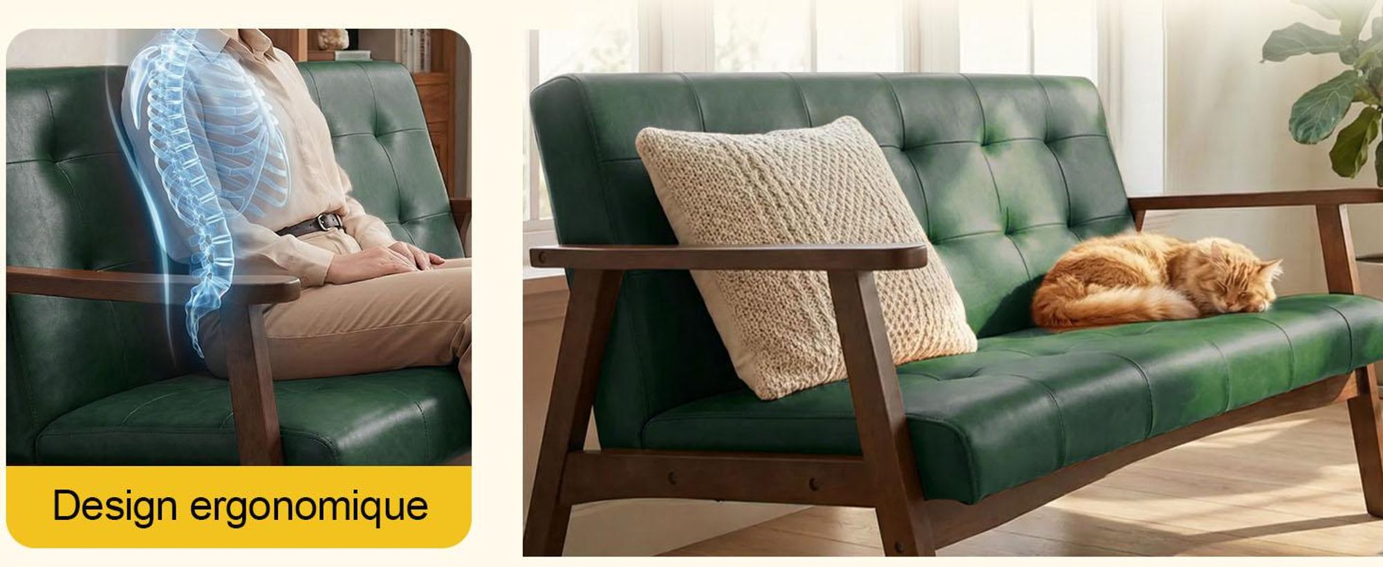 Canapé scandinave pour 2 personnes, en similicuir, avec accoudoirs, structure en bois massif, idéal pour le salon, la chambre ou le bureau, capacité de charge de 240 kg, dimensions : 124 x 74 x 75 cm, couleur : noir