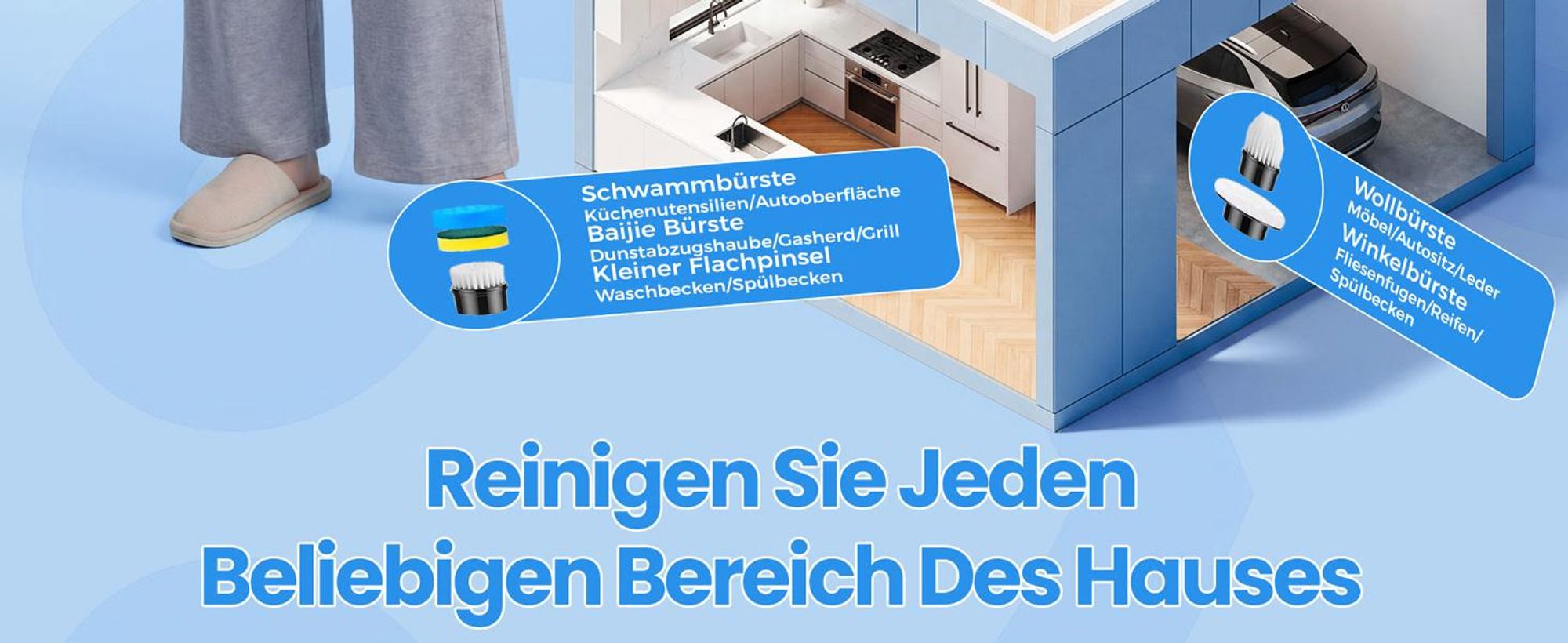 Elektrische Reinigungsbürste, Kabellos Akkureinigungsbürste, mit 9 Austauschbaren Bürstenköpfen, 2 Geschwindigkeiten, für Bad, Fliesen, Auto, Küche