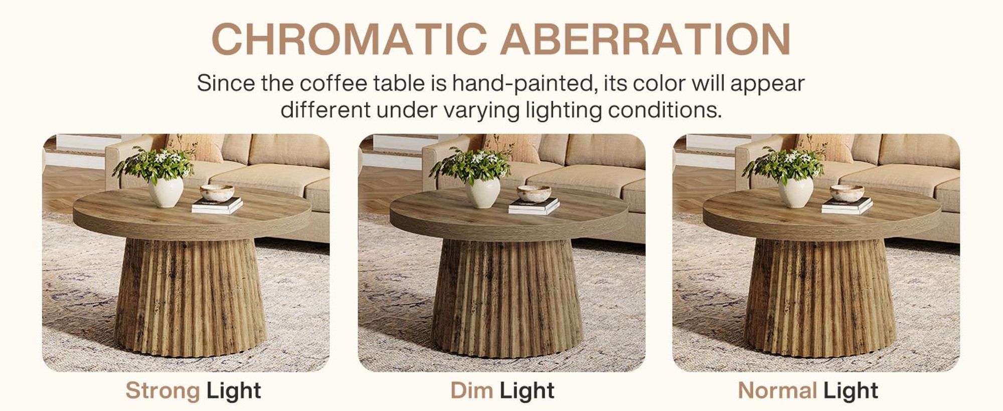 Tribesigns Runder Couchtisch, 80 cm Moderner Wohnzimmertisch mit geriffelter Trommelbasis & Holzoptik, Kaffeetisch für Wohnzimmer, Braun