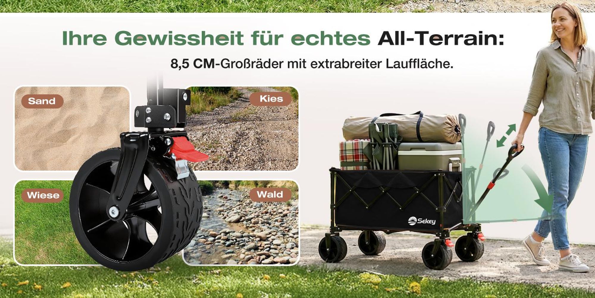 Sekey Faltbar Bollerwagen Klappbar Handwagen Gartenwagen 150kg Tragekraft Transportwagen, Schwarz