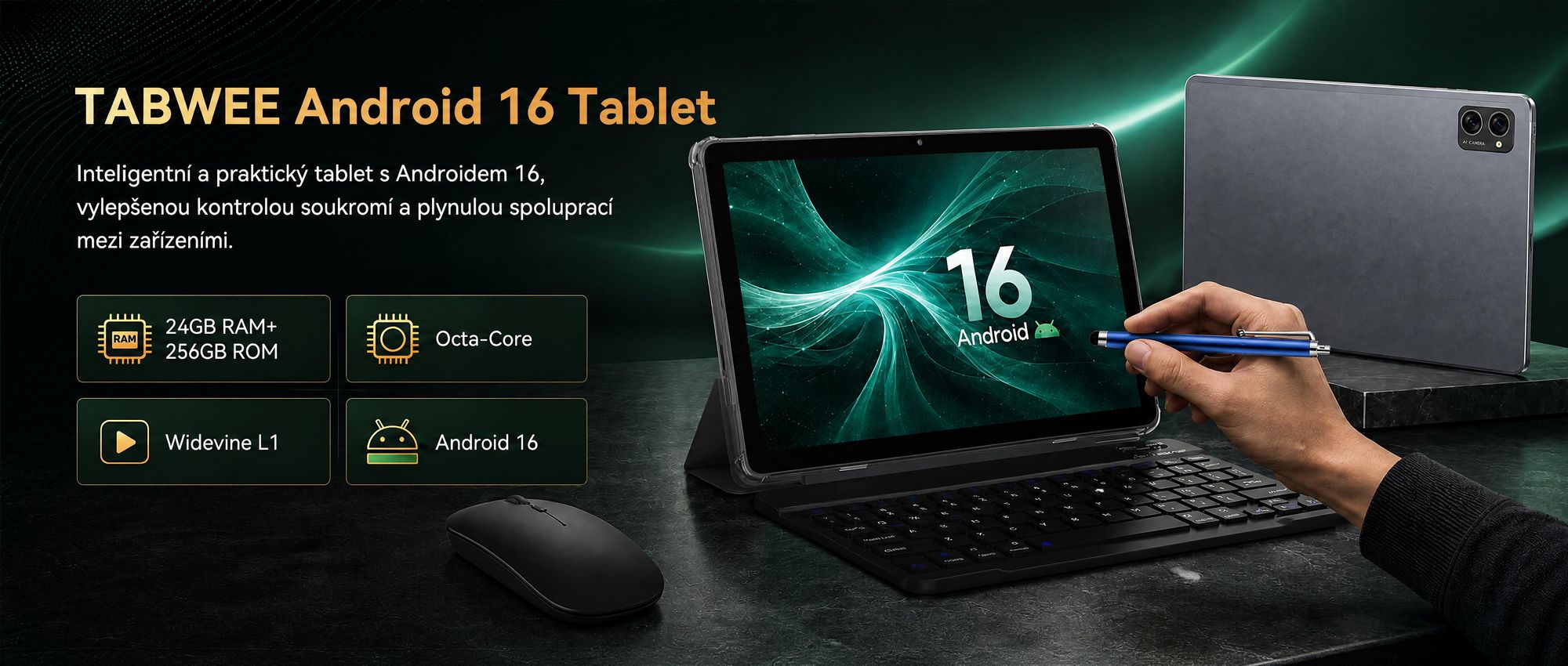 BESTTAB T20 10.1'' Android 16 Set Tablet, 24GB(8+16GB rozšiřitelná) RAM+256GB ROM(2TB TF), s krytem/perem/myší/klávesnicí, Widevine L1, 5G WiFi