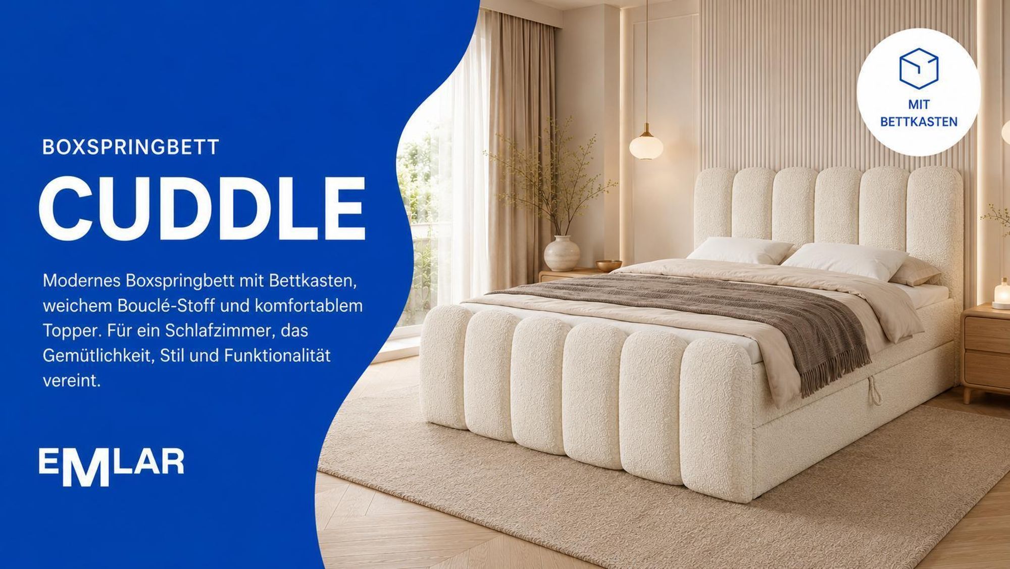Boxspringbett CUDDLE mit Bettkasten, Topper und weichem Bouclé-Stoff