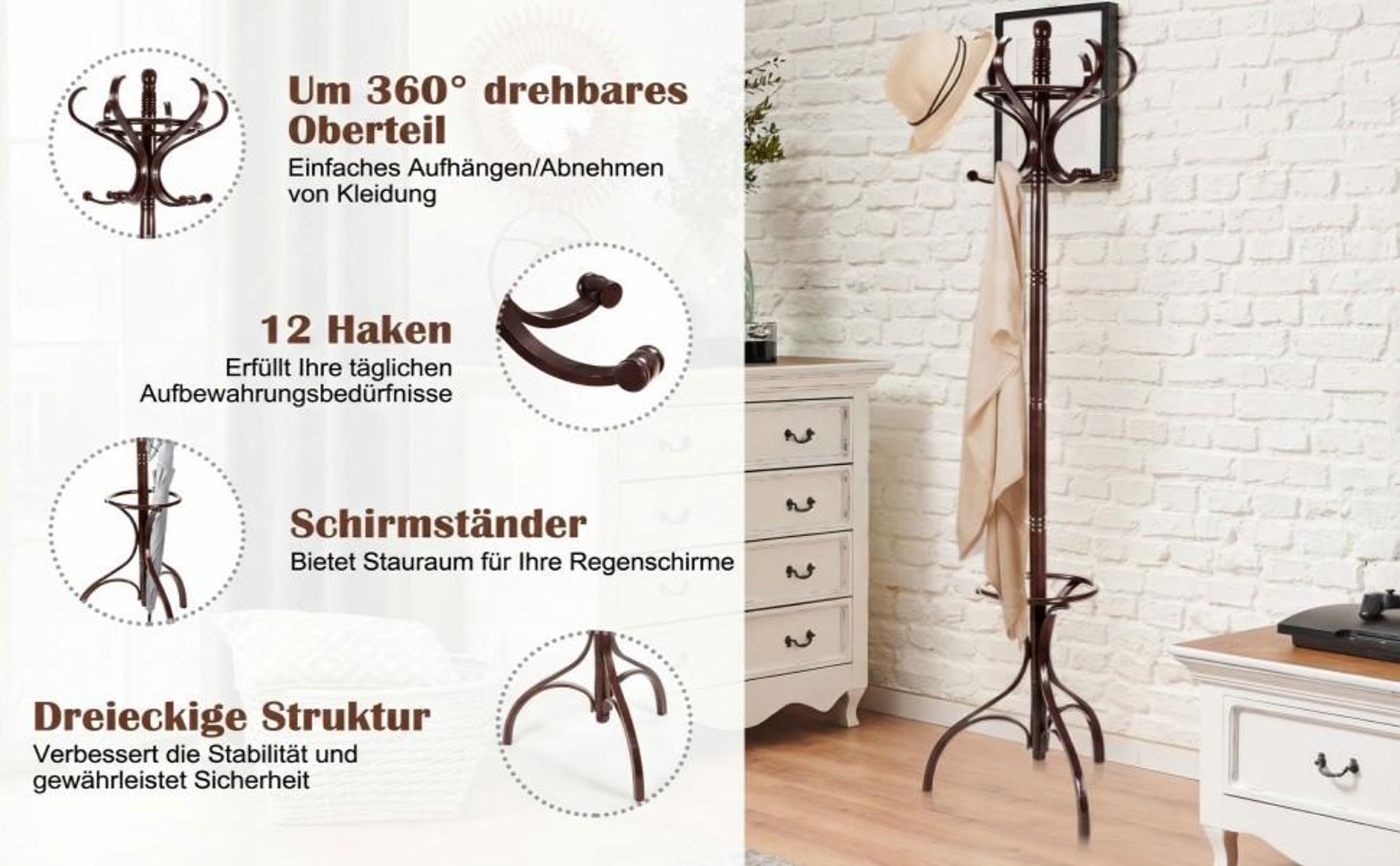 COSTWAY Garderobenständer 182cm, Kleiderständer Holz, Jackenständer mit 12 Haken & Schirmständer, Garderobe Standgarderobe Schwarz