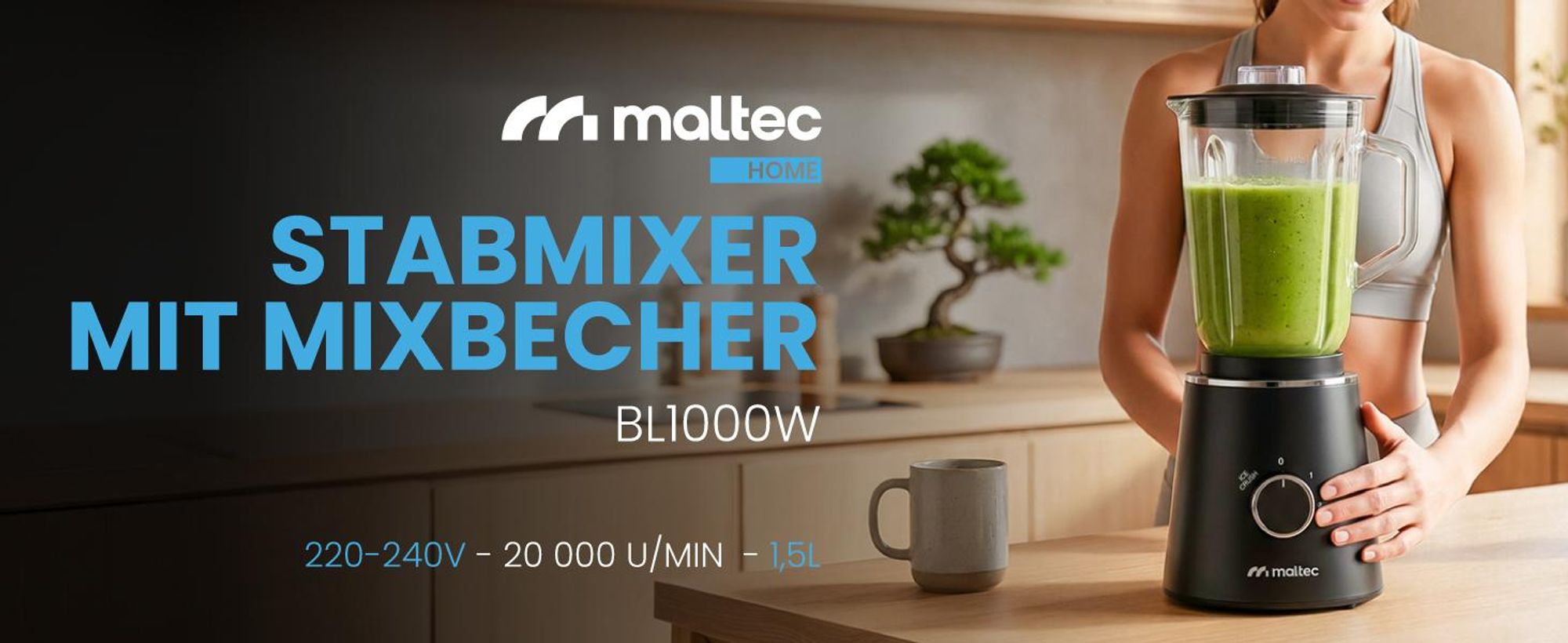 MalTec Standmixer Glas 1,5 L mit 500 ml To-Go-Flasche 1000W 6 Edelstahlklingen, 2 Geschwindigkeiten und Pulsfunktion, rutschfeste Füße  für Smoothies Suppen