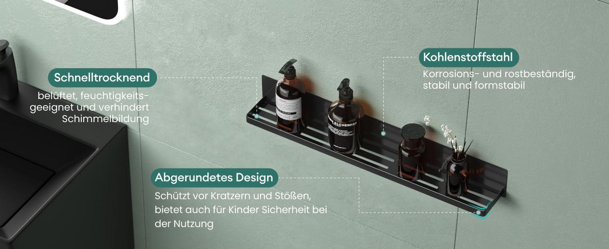 Mai & Mai Duschablage ohne Bohren, Duschregal magnetisch, selbstklebende Badezimmerablage zur Wandmontage 60cm Schwarz Reglo-01