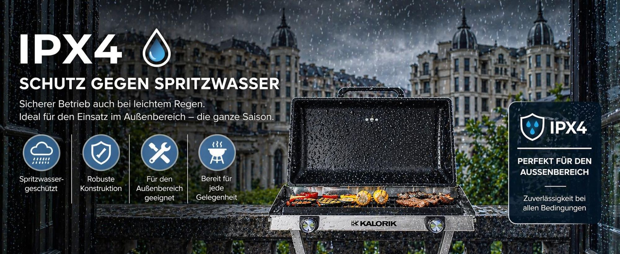 KALORIK Elektrogrill inkl. Abdeckung Edelstahl Gartengrill Barbecue-Grill Standgrill 2500W – XXL-Grillplatte 2 Zonen 58 cm IPX4