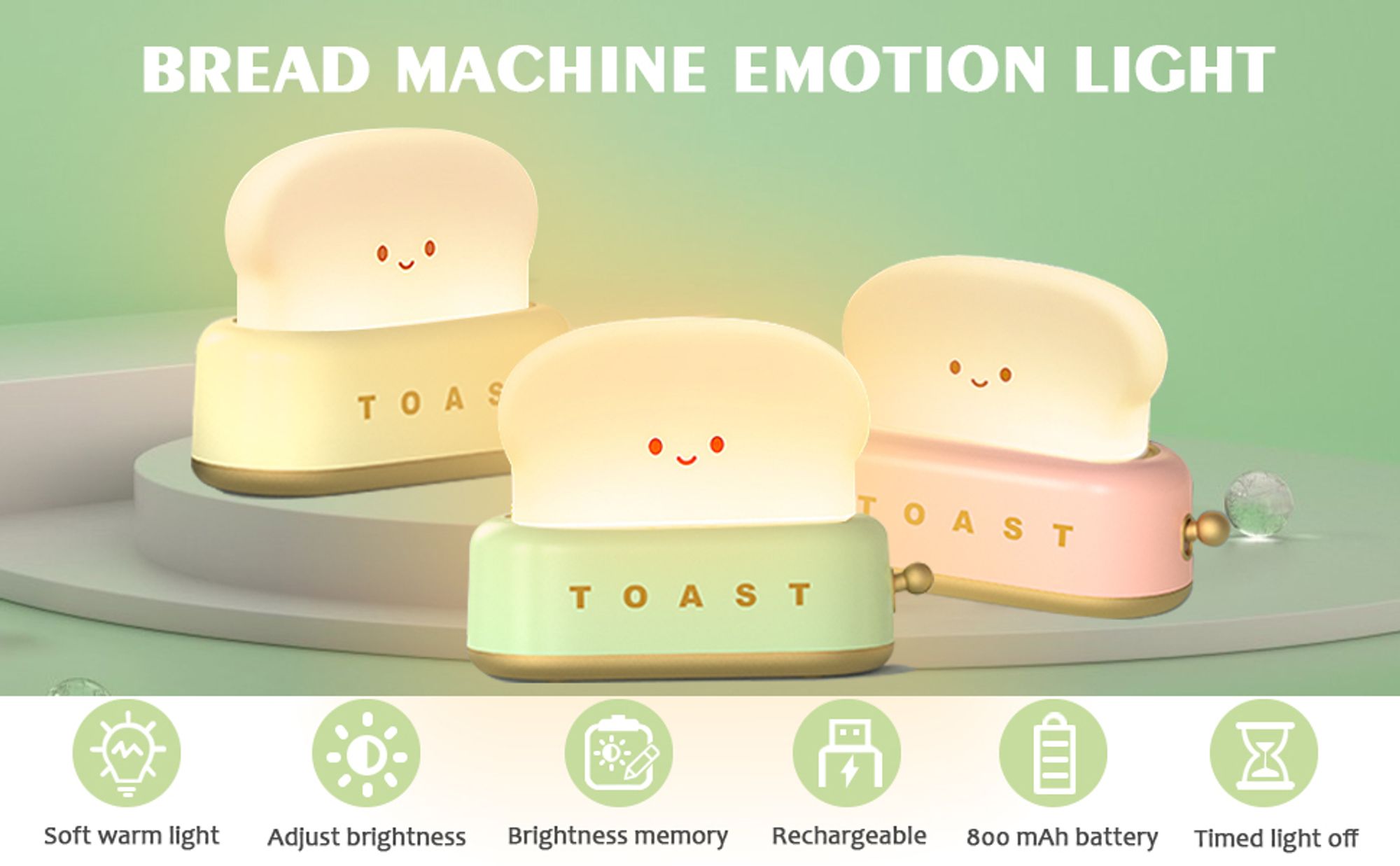 Toast Nachtlicht Kinder, Süßes LED Nachtlicht mit USB Wiederaufladbar und Timer, Weihnachtsgeschenk Schlafzimmer-Nachttischlampe(Grün)