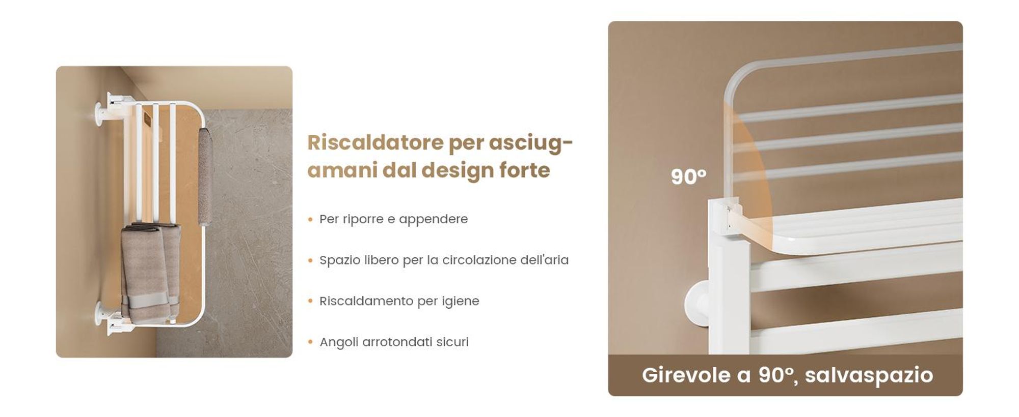 EMKE Scaldasalviette elettrico 500x500 mm, 140W, doppia fila, tubi piatti, ripiano e ganci, WiFi Tuya Alexa, bianco lucido