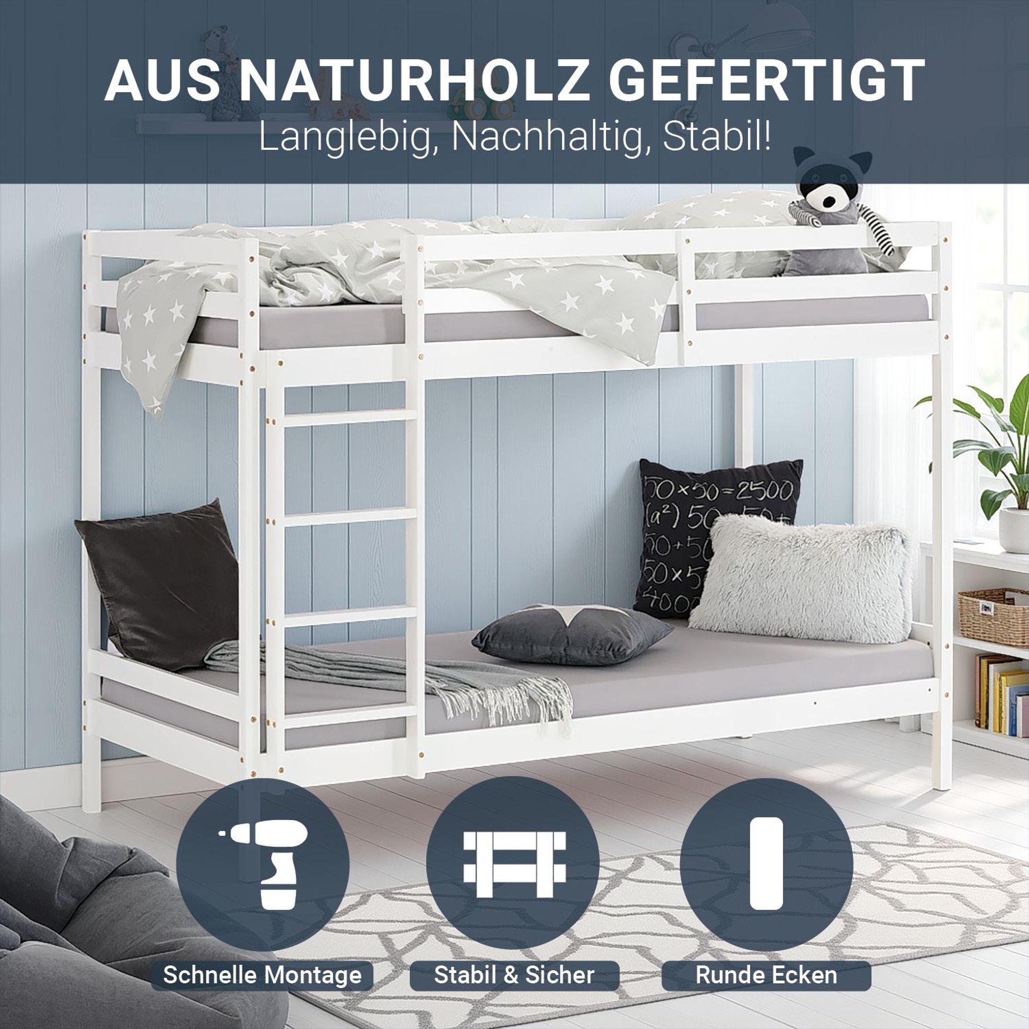 Das Hochbett mit 2 Liegeflächen Lattenroste und Matratzen inklusiv.