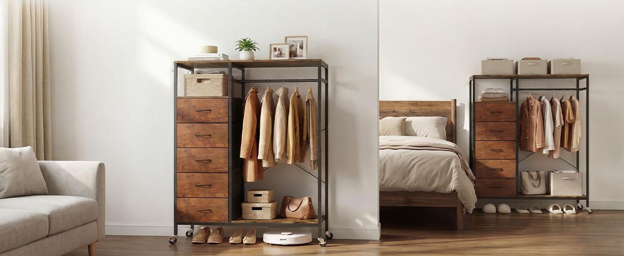 HOKEEPER Kleiderständer, offener Kleiderschrank, Kleiderständer auf Rollen, Kleiderstange, fahrbarer Kleiderständer mit Schubladen, Haken, Braun