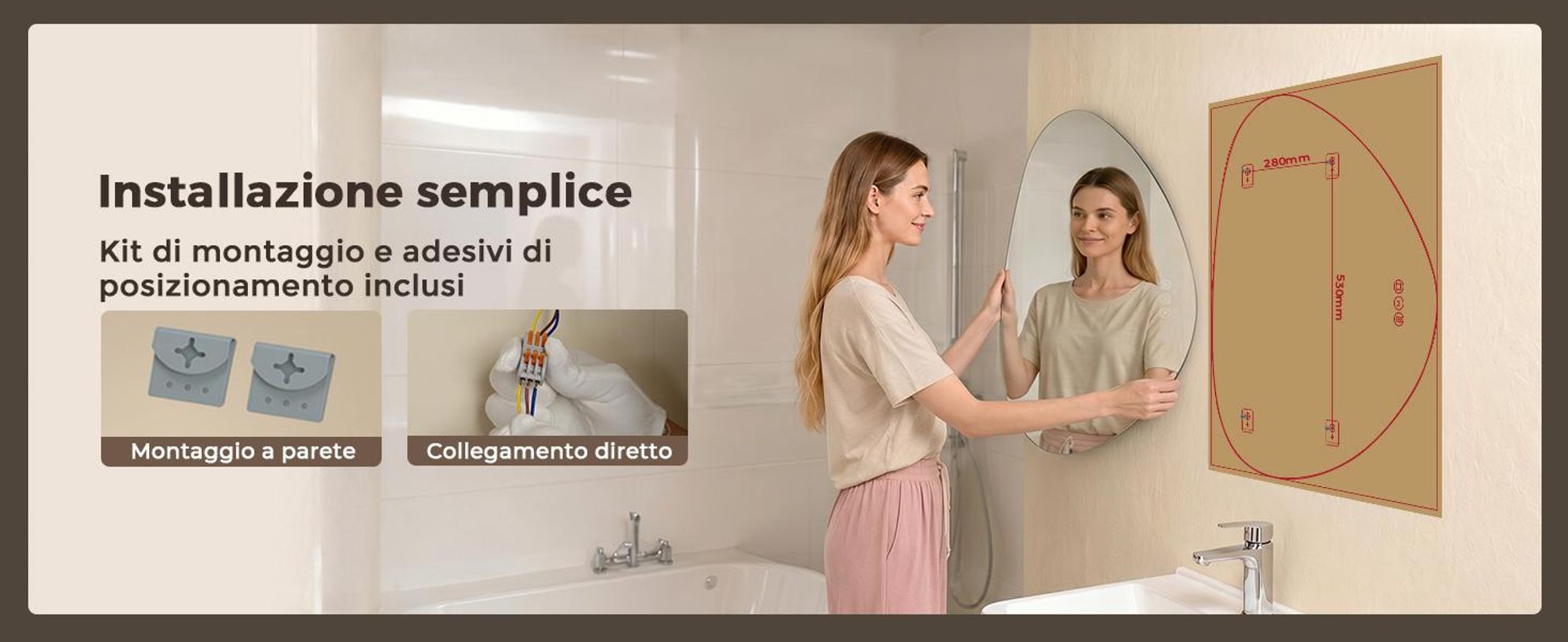 S'AFIELINA Specchio Bagno LED 60 x 70 cm, Retroilluminato, Senza Cornice, 3 colori di luce, luminosità regolabile, antiappannamento e memoria.