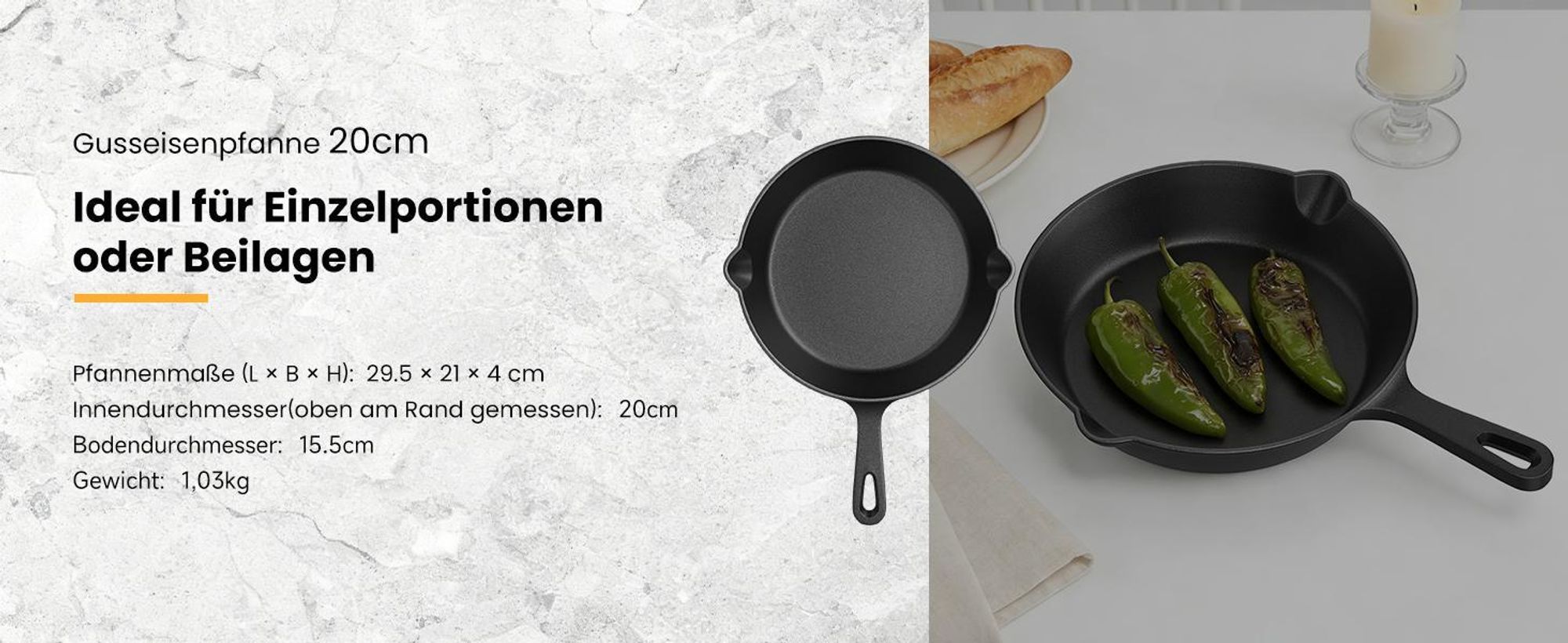 HOMELUX Gusseisenpfanne 26cm Pfanne Gusseisen Induktion Antihaft Eingebrannte Gusspfanne, Eisenpfanne Cast Iron Pan, Skillet Grillpfanne Steakpfanne