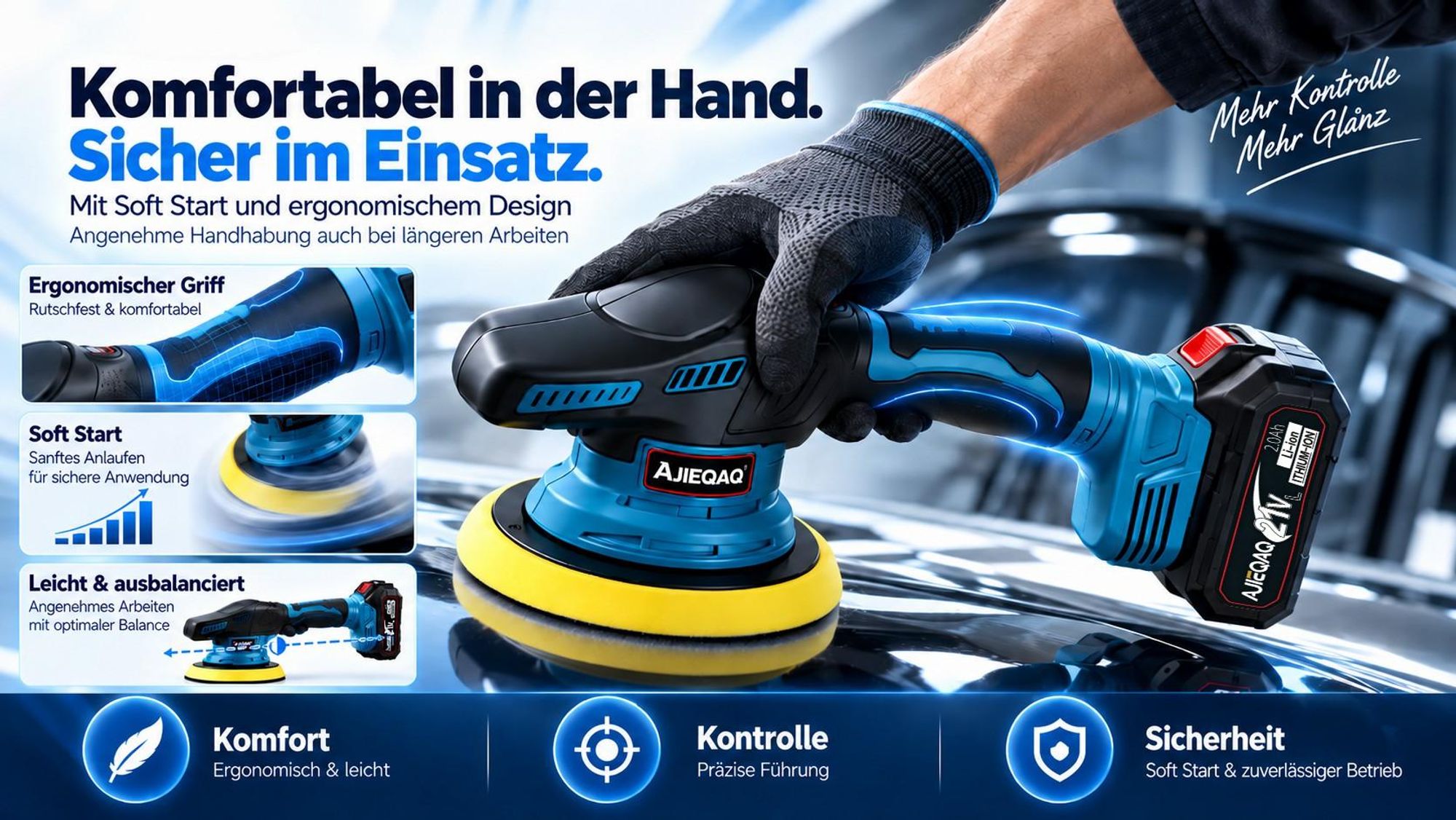 Akku-Poliermaschine 21V MAX, Exzenter-Poliermaschine 150 mm, 9 Stufen, 2500–7800 U/min, 2×2,0Ah Akkus, Soft Start