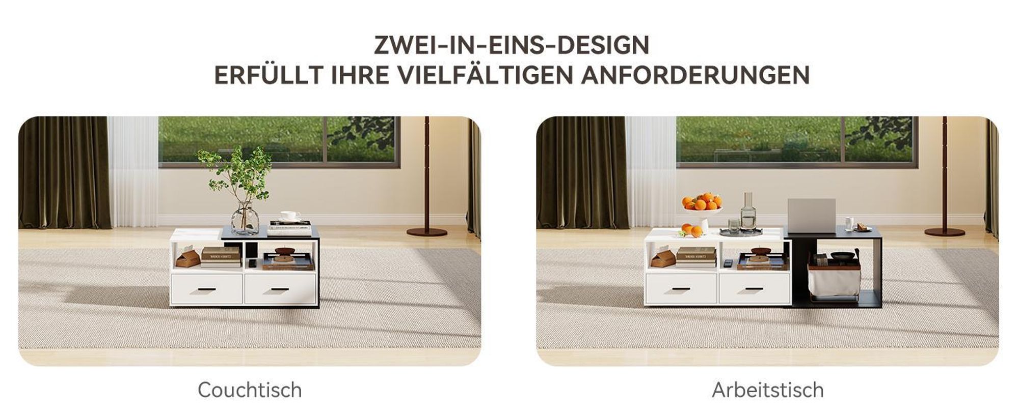 Puluomis Ausziehbarer Couchtisch mit Schublade, Kaffeetisch mit Farbblock Design und Rollen Schreibtisch Sofatisch für Wohnzimmer schwarz weiß
