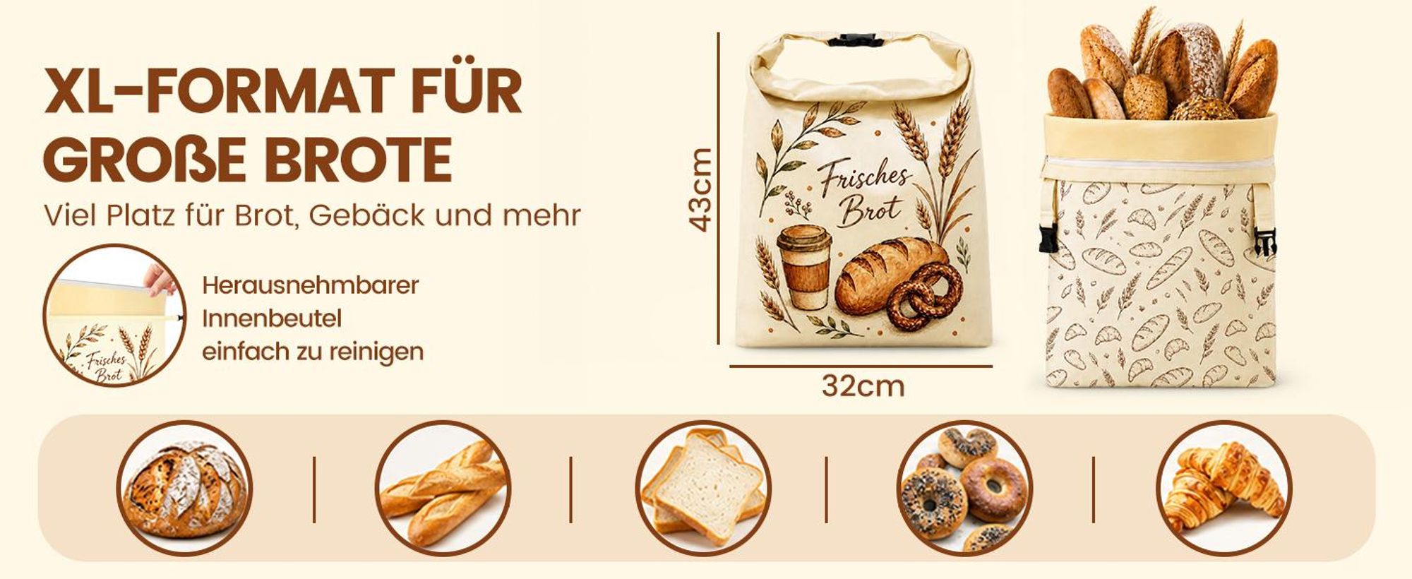 Brotbeutel Bienenwachs 2 Stück, Standboden, Mehrfachdichtung für Frischhaltung 43x32 cm