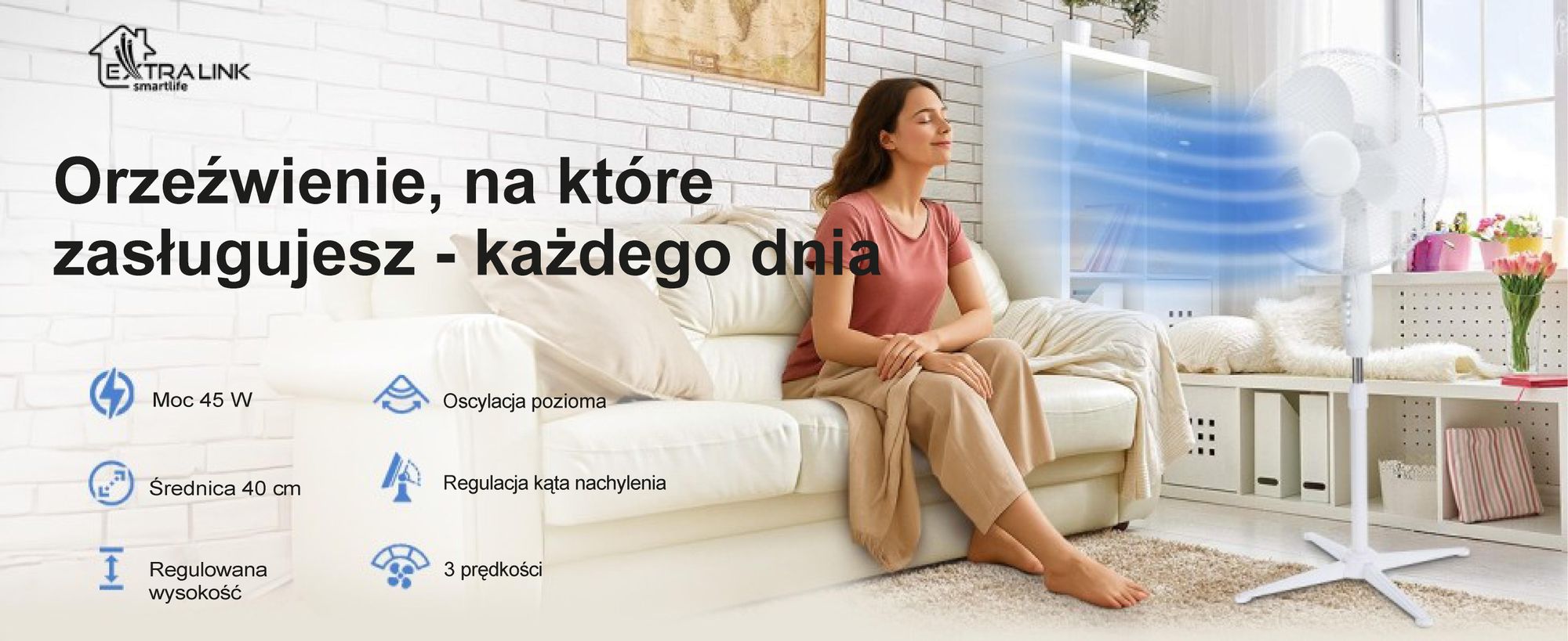 EXTRALINK wentylator stojący 45W – biały, cicha praca, chłodzenie powietrza