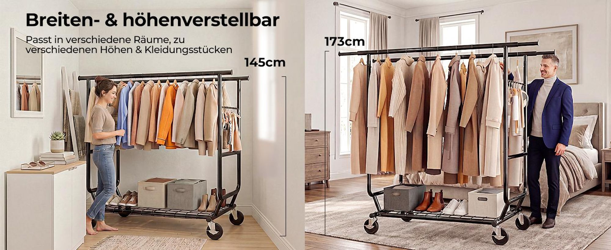 HOKEEPER Schwerlast Kleiderständer auf Rollen, Doppelter Kleiderstange,bis 283 kg belastbar (D002K)