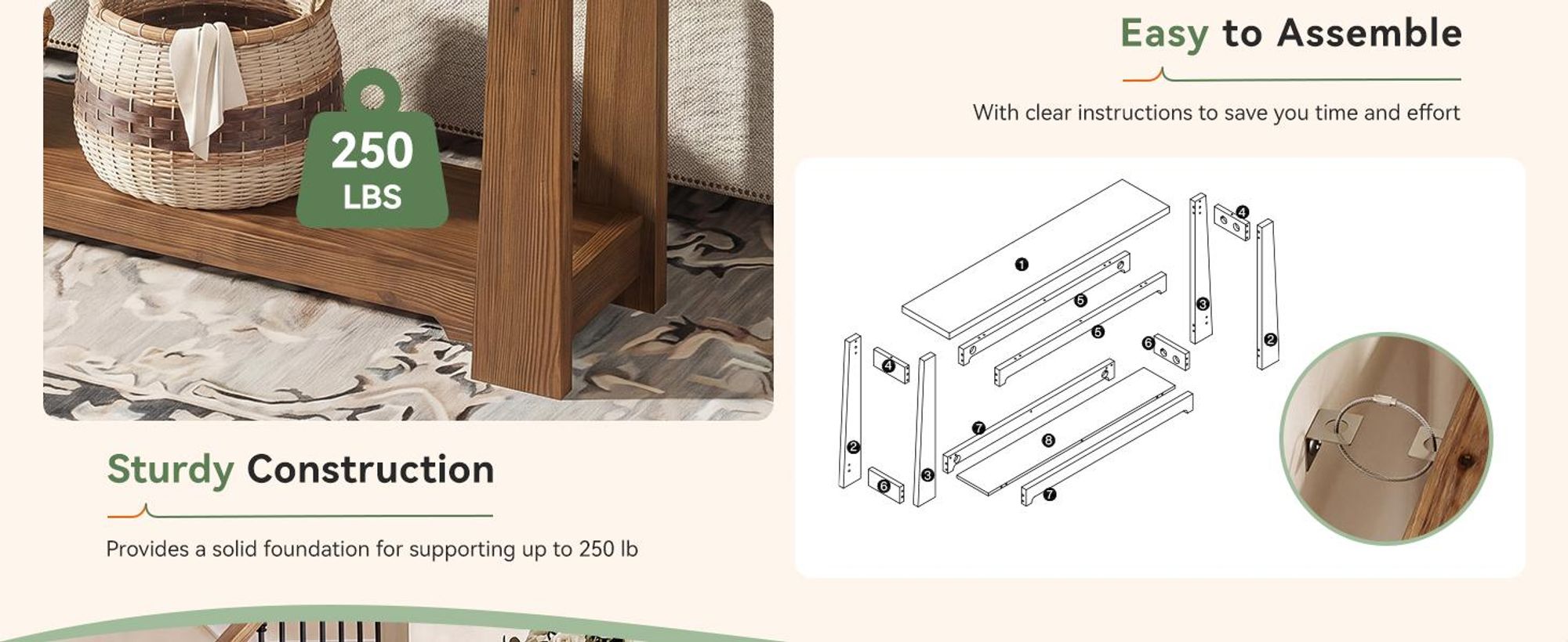 Massivholz Konsolentisch 140 cm, Schmaler Flurtisch im Landhausstil mit Ablage, Eingangstisch aus Echtem Tannenholz, Sofatisch Hinter dem Sofa
