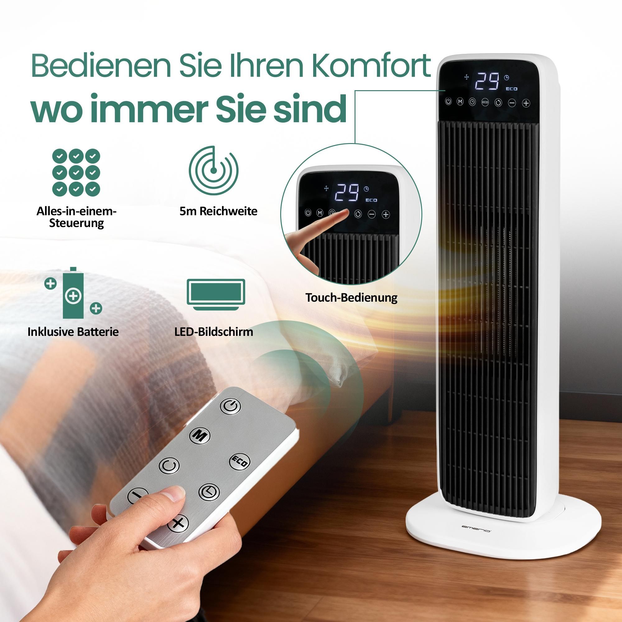 Emerio PTC-Heizlüfter FH-132333 - 15 m² - 2 Heizstufen - Einstellbares Thermostat - Oszillierend - Touch - Timer - Fernbedienung - Schwarz/Weiß