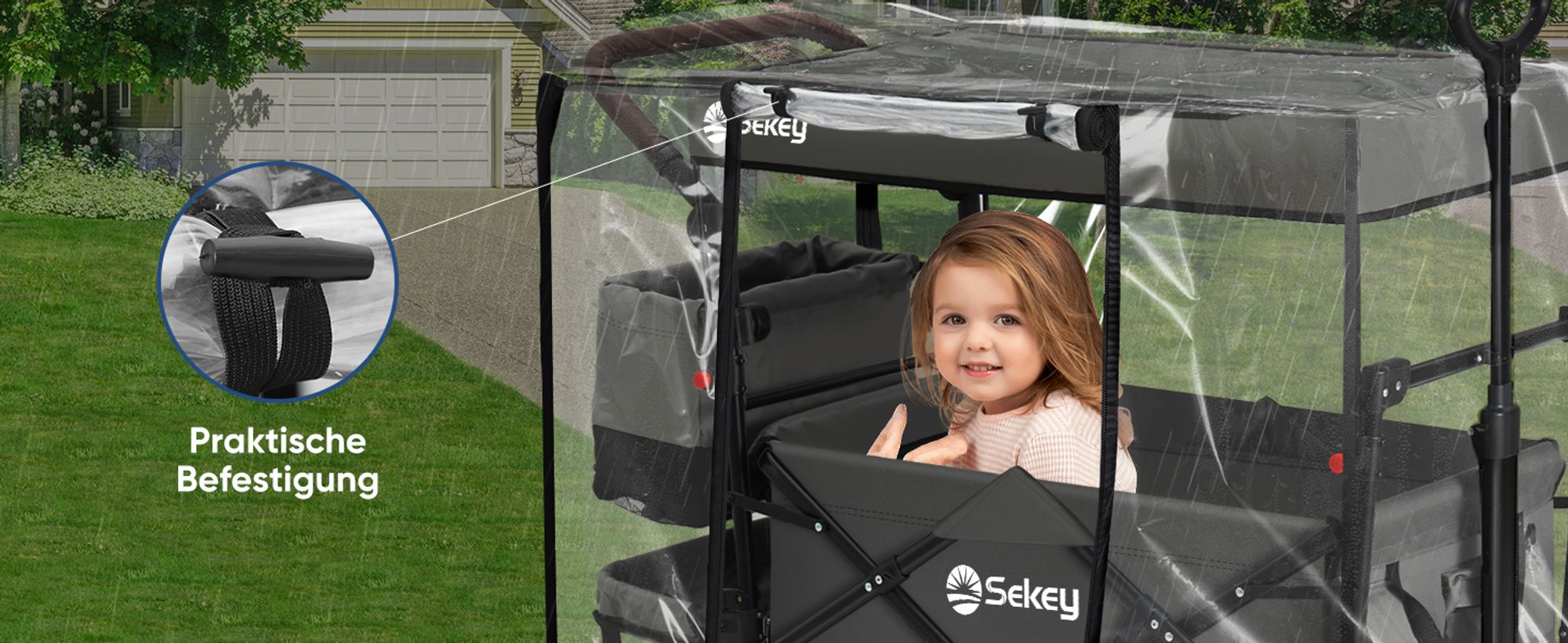 Sekey Regenschutz Transparent für Bollerwagen mit Dach, 110 x 60 x 75 cm