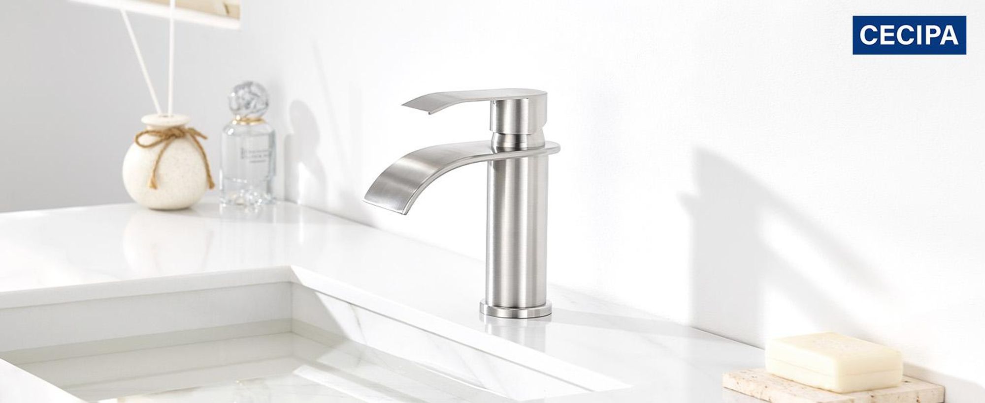 Wasserfall Waschtischarmatur, 304 Edelstahl Gebürstet, Bleifrei Kalt Warm, Cecipa, Badarmatur Mischbatterie, Wasserhahn Bad, Waschbeckenarmatur Silber