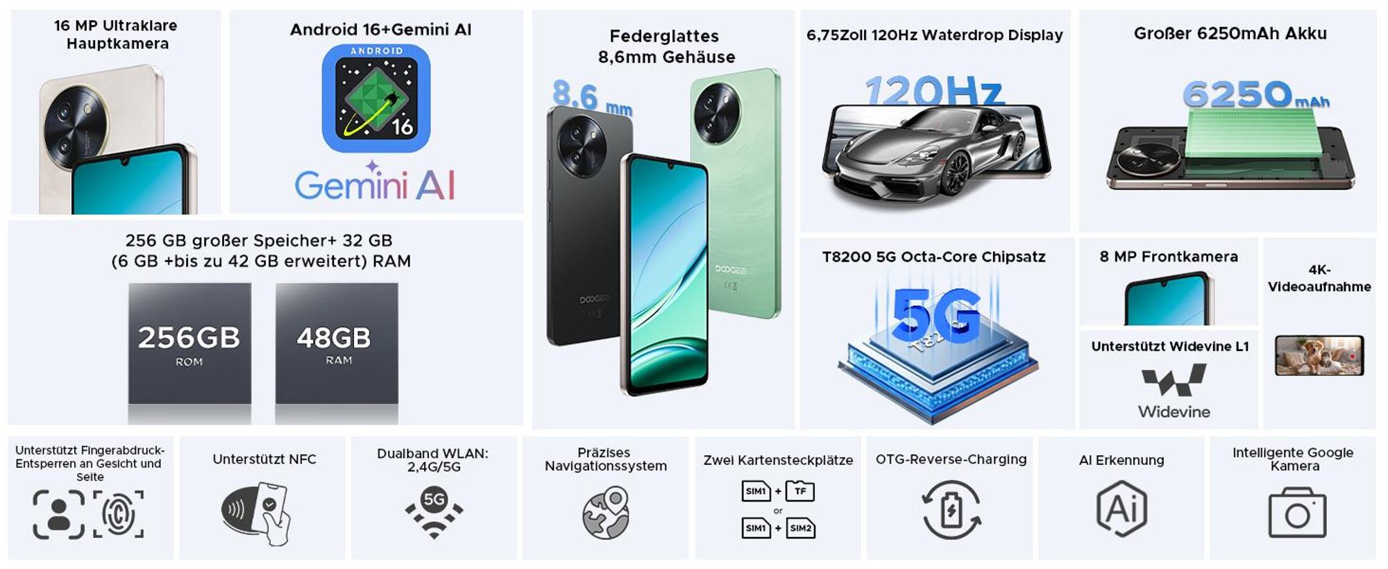 DOOGEE Note59 Pro Smartphone, Android 16, 6,75" scherm met 120Hz, 6250mAh batterij, 48GB+256GB opslag, 5G, 16MP camera, NFC, vingerafdruksensor, zonder abonnement