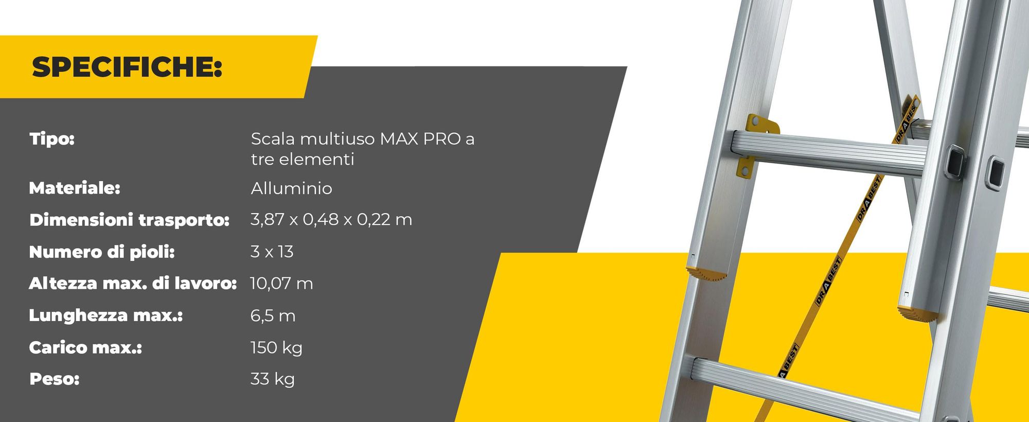 Drabest | Scala - multifunzione - multiuso in alluminio - Portata 150kg - 3 sezioni - 3X13 gradini