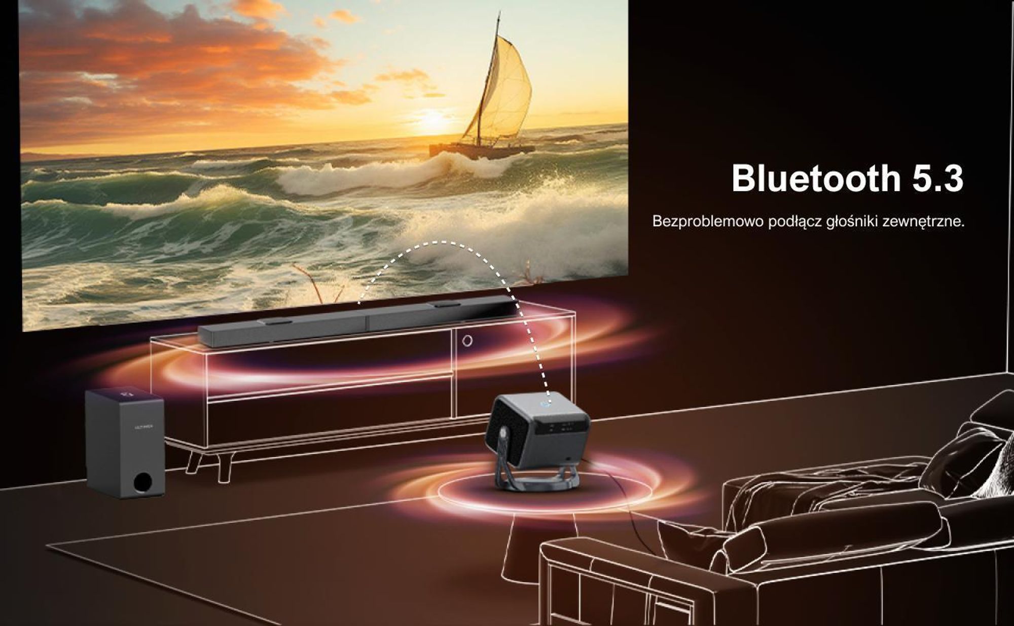 Projektor ULTIMEA Nova C40 z dekodowaniem 4K i systemem Android TV 11.0, 1000:1, Dolby Audio, 600 ANSI, HDR10&HLG, bez statywu z gimbalem 90°