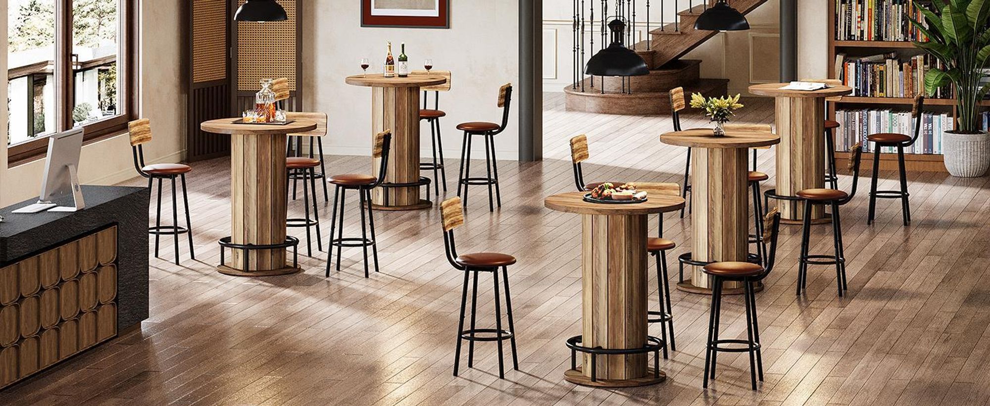 Tribesigns okrúhly barový stôl, výška 100 cm, drevený bistro stôl s kovovou podnožou na krúžky do jedálne, na kávu, na koktaily, do malých miestností, hnedý