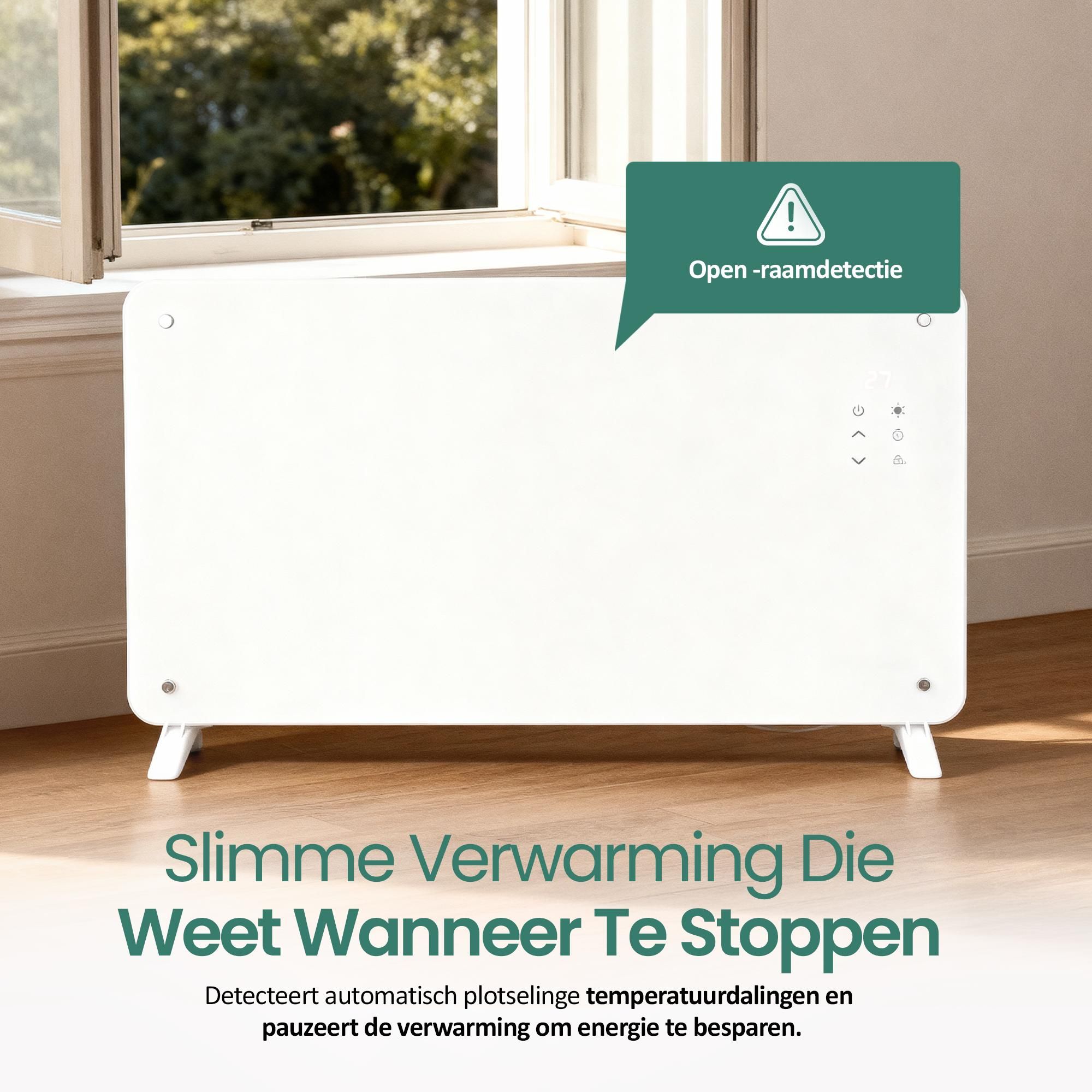 Emerio Glazen Radiator – 25 m² – 2000W – 2 Standen – Timer – Afstandsbediening – IP24 – Omvalbeveiliging – Hangend of staand – Display – GR-133080.1