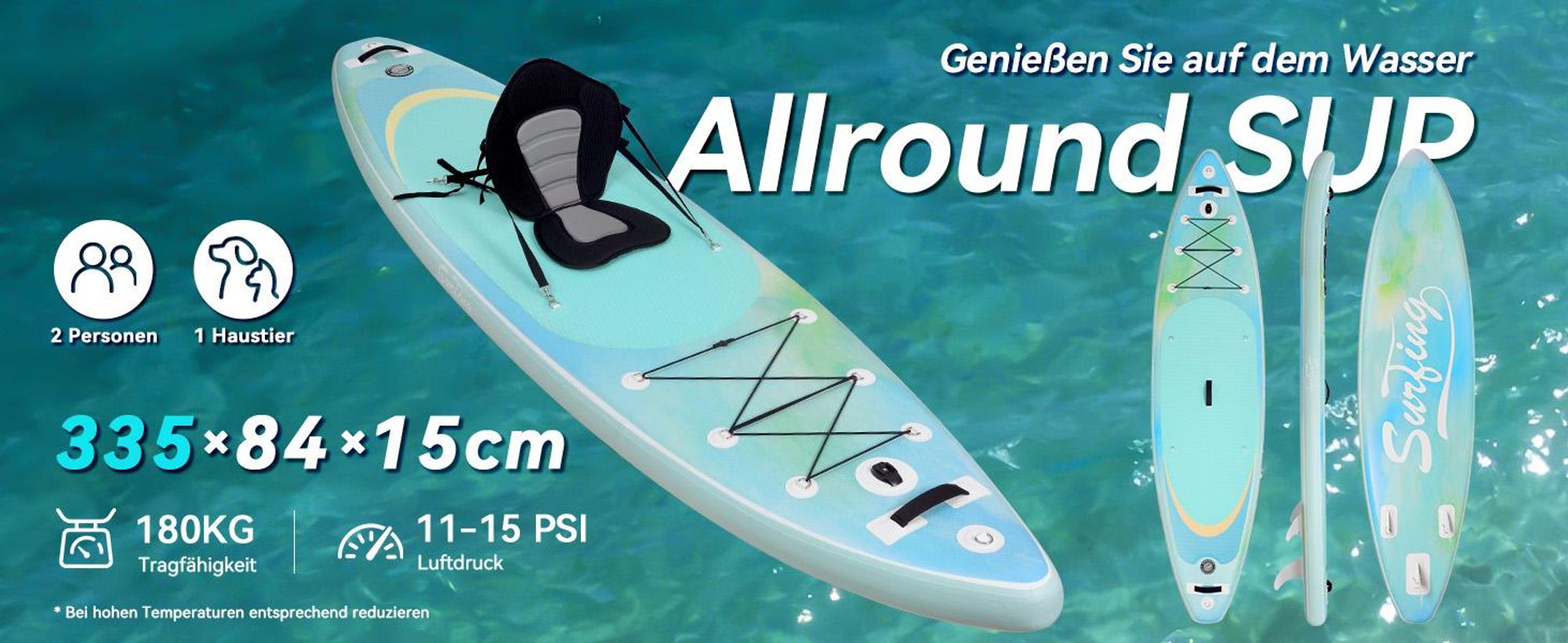 Puluomis SUP Board mit Sitz 335cm, Stand Up Paddle Boards Set, Paddling Paddelboard Surfbrett Aufblasbar, Pumpe Tragetasche, MB. bis 150Kg Mintgrün