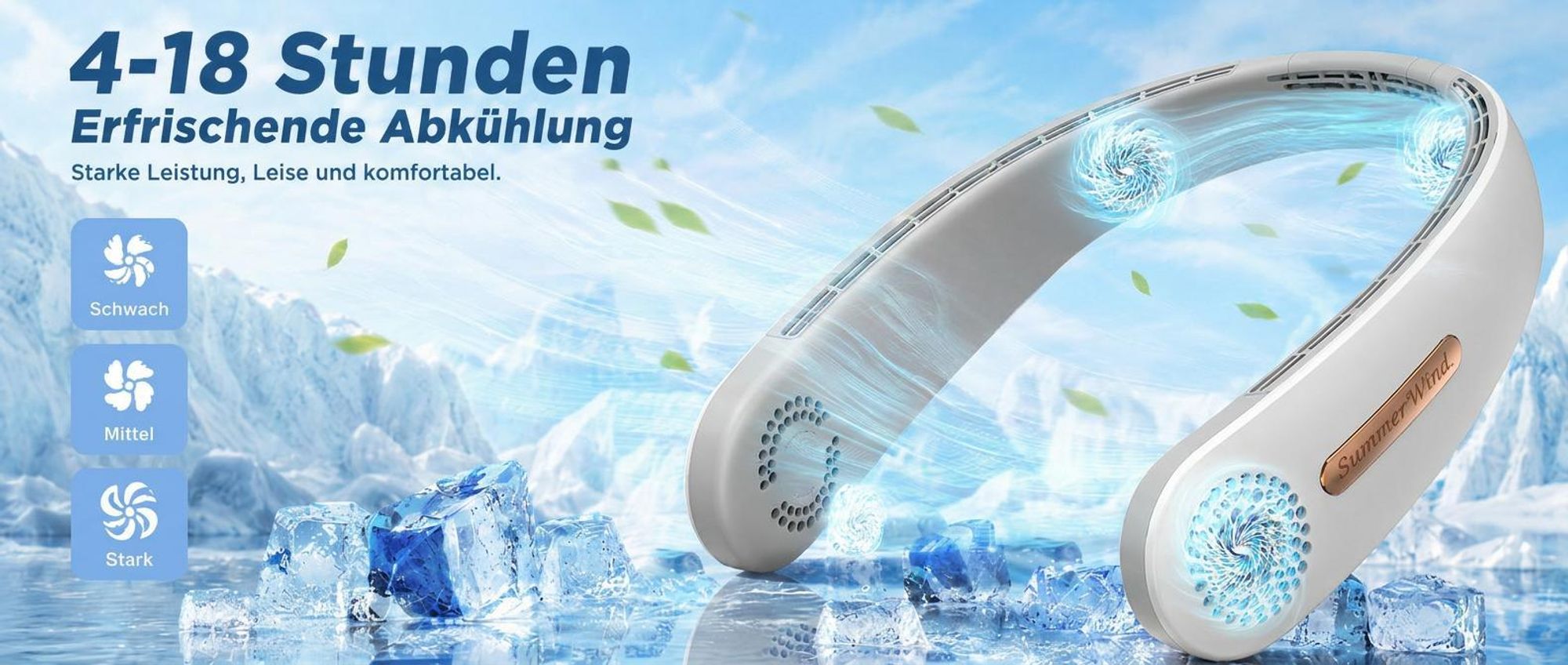 Nackenventilator, Halsventilator, blattlos, leise, USB, 4000mAh, 3 Stufen, 4Turbinen, 360° Luftstrom, für Reisen & Büro(Weiß)