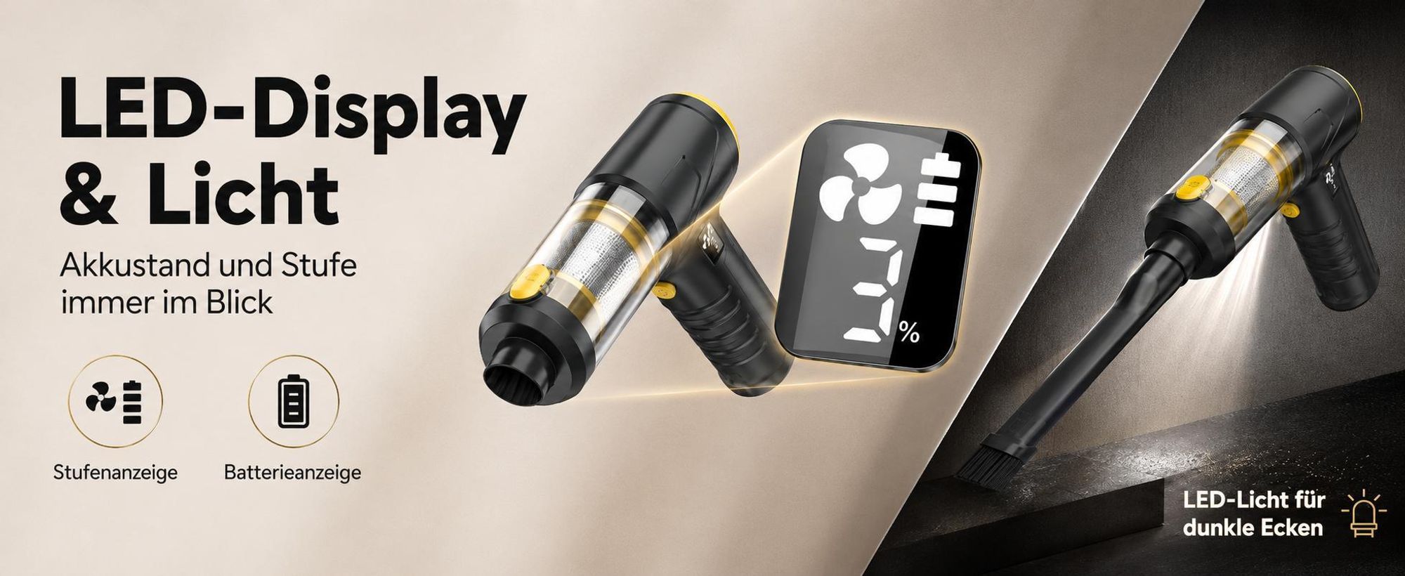 4-in-1 Auto Staubsauger, 18000 pa Akku Handstaubsauger mit LED-Licht, Digitalem Display, Ultra-leiser, 3 Modi, Tragbar für Auto, Haushalt, Tierhaare