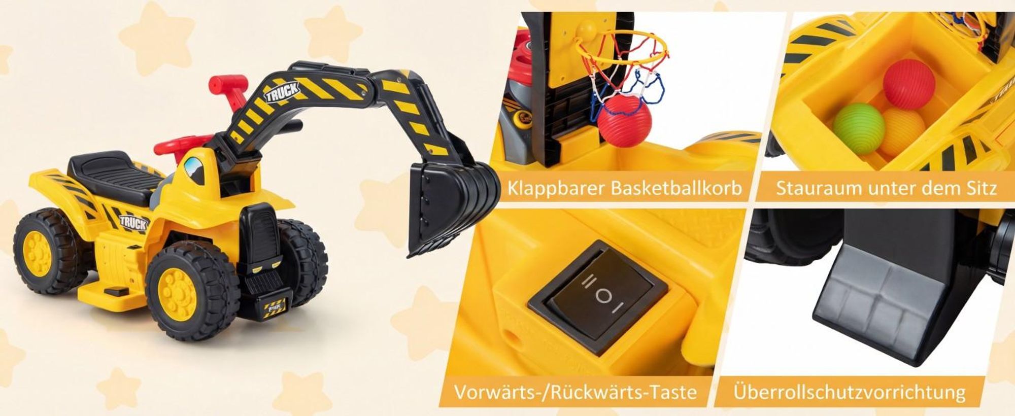 COSTWAY 6V Sitzbagger, Kinderauto Elektro mit verstecktem Stauraum & Basketballkorb & Sound & Hupe & 3 Bällen, Bagger zum draufsitzen, Sandbagger Aufsitzbagger, Elektroauto für Kinder ab 2 Jahren