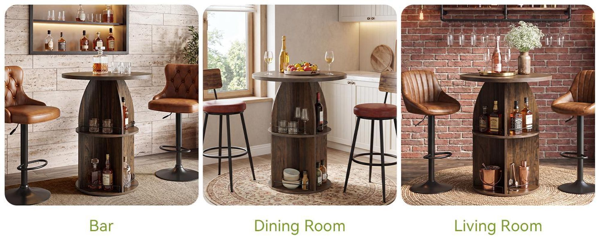 Tribesigns, table ronde à trois niveaux pour bar, hauteur 95 cm, table de bistrot rustique avec étagères ouvertes, table d'appoint en bois pour bar à la maison, cuisine, couleur marron