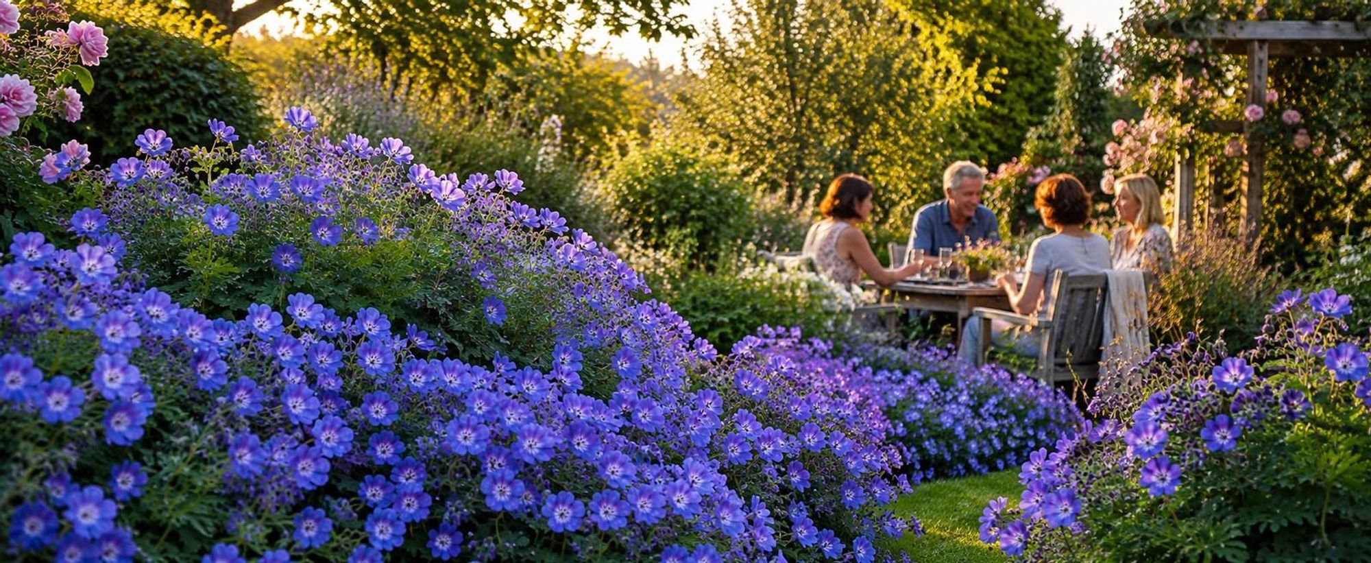 Geranium Rozanne blüht violettblau in üppiger e am Sitzplatz