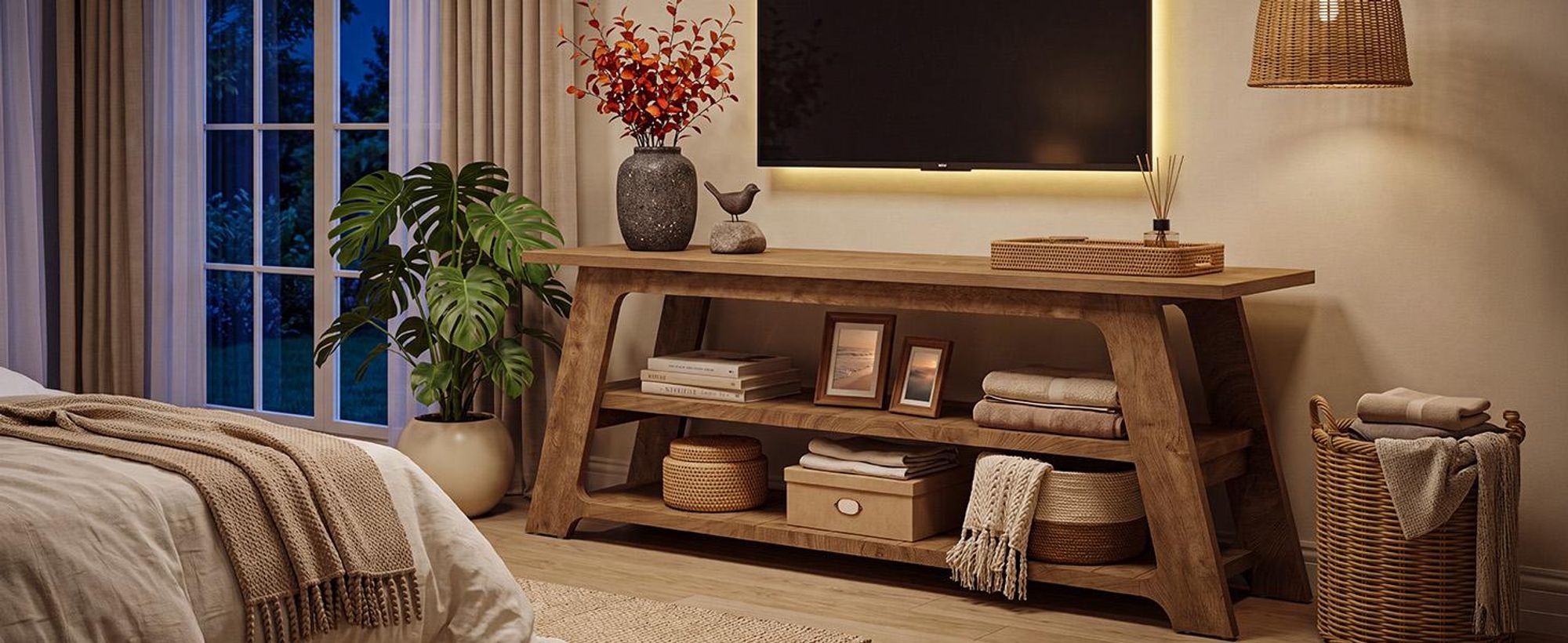 Wanbor 160 cm TV-Ständer, TV-Konsolentisch im Landhausstil mit offenem Stauraum, Fernsehschrank mit stabilem, für Fernseher von 55 bis 75 Zoll