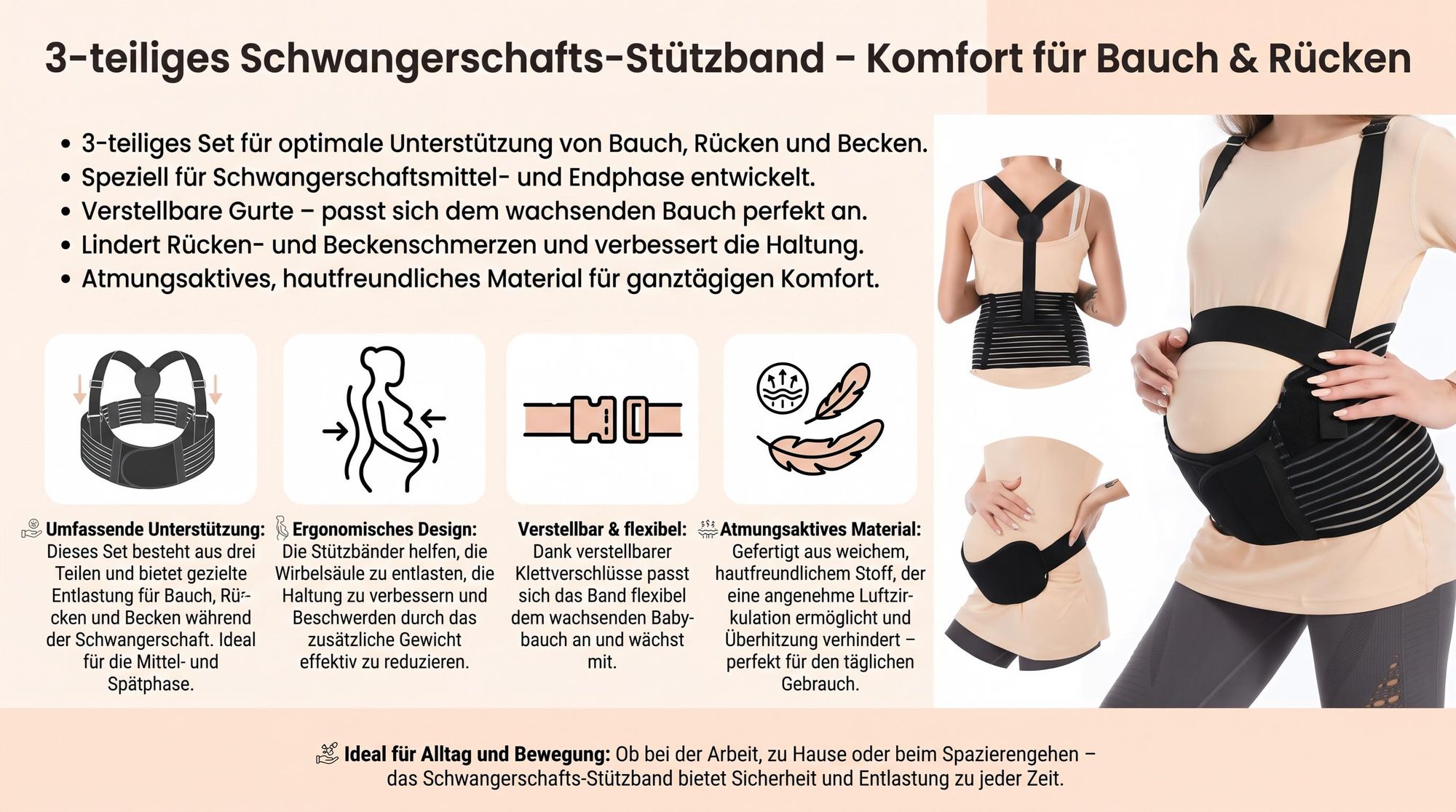 3-teiliges Schwangerschafts-Stützband – Komfort für Bauch & Rücken